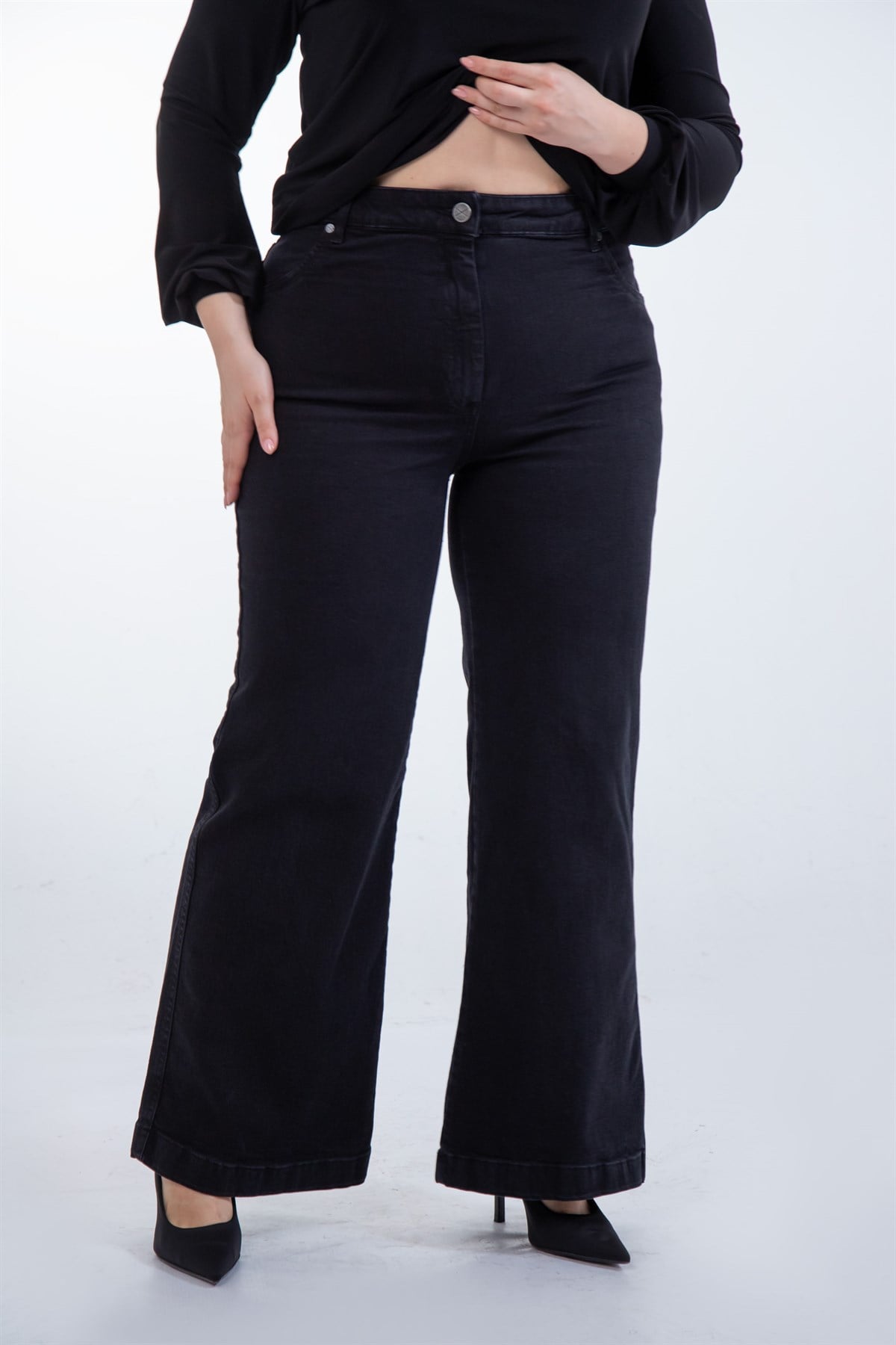 Büyük Beden 1222679 Bol Paça Düz Denim Pantolon  Siyah