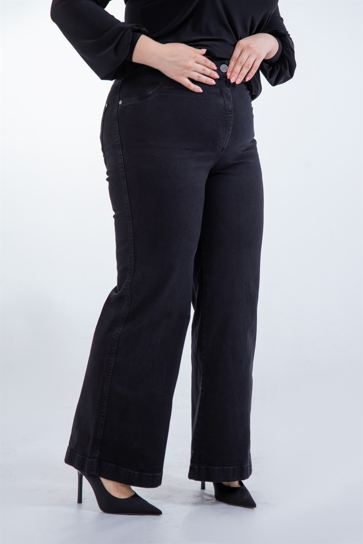 Büyük Beden 1222679 Bol Paça Düz Denim Pantolon  Siyah