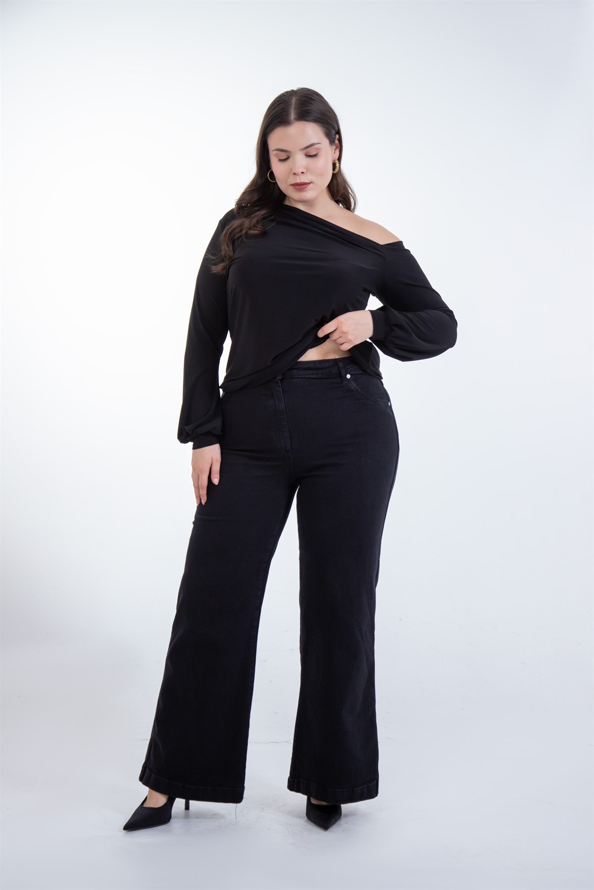 Büyük Beden 1222679 Bol Paça Düz Denim Pantolon  Siyah