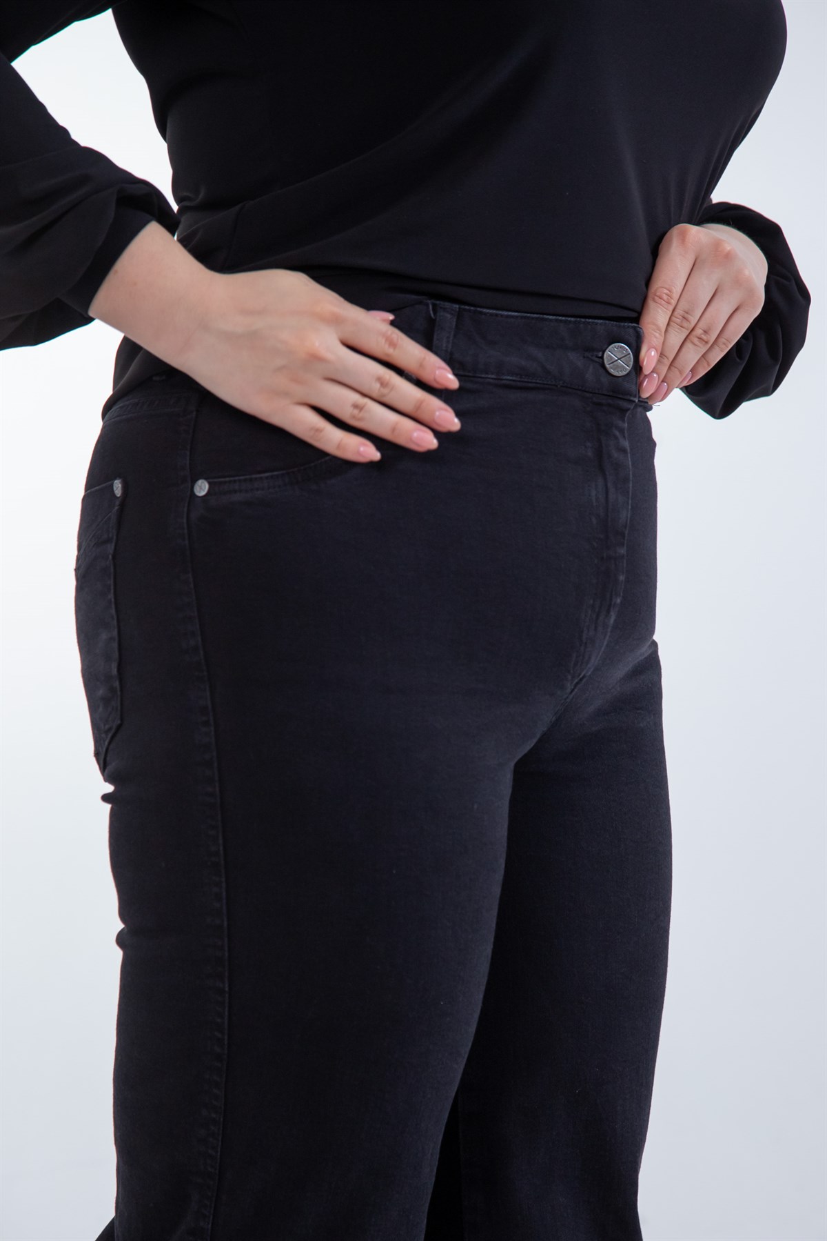 Büyük Beden 1222679 Bol Paça Düz Denim Pantolon  Siyah