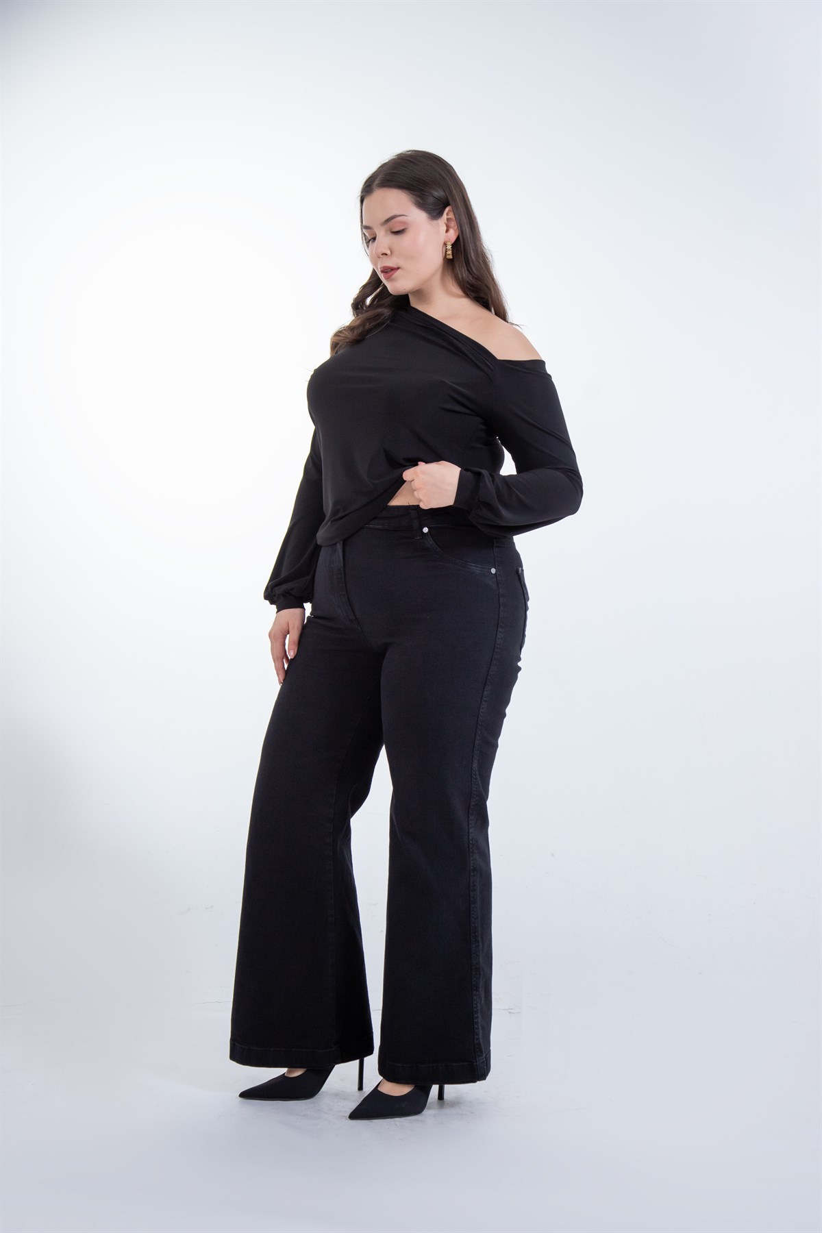 Büyük Beden 1222679 Bol Paça Düz Denim Pantolon  Siyah