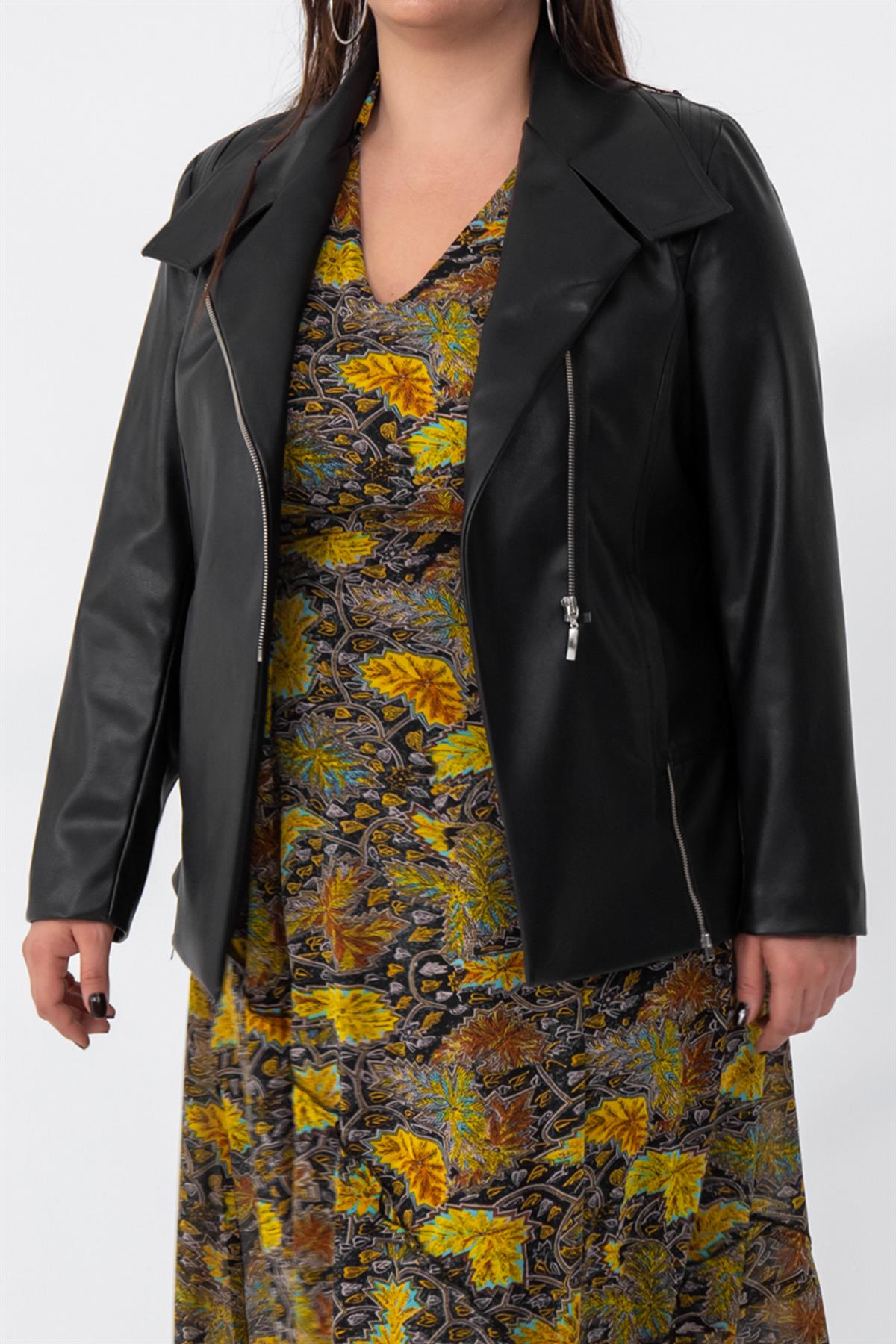 Büyük Beden 122296 Ester Fermuarlı Deri Ceket  Siyah