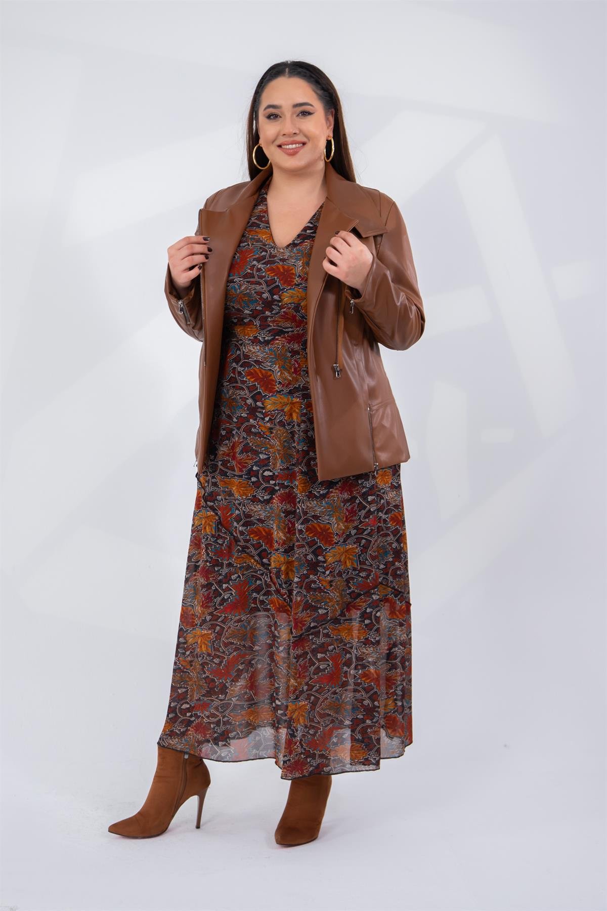 Büyük Beden 122296 Ester Fermuarlı Deri Ceket  Taba