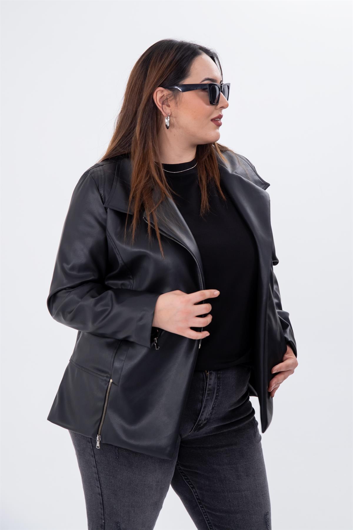 Büyük Beden 122296 Ester Fermuarlı Deri Ceket  Siyah