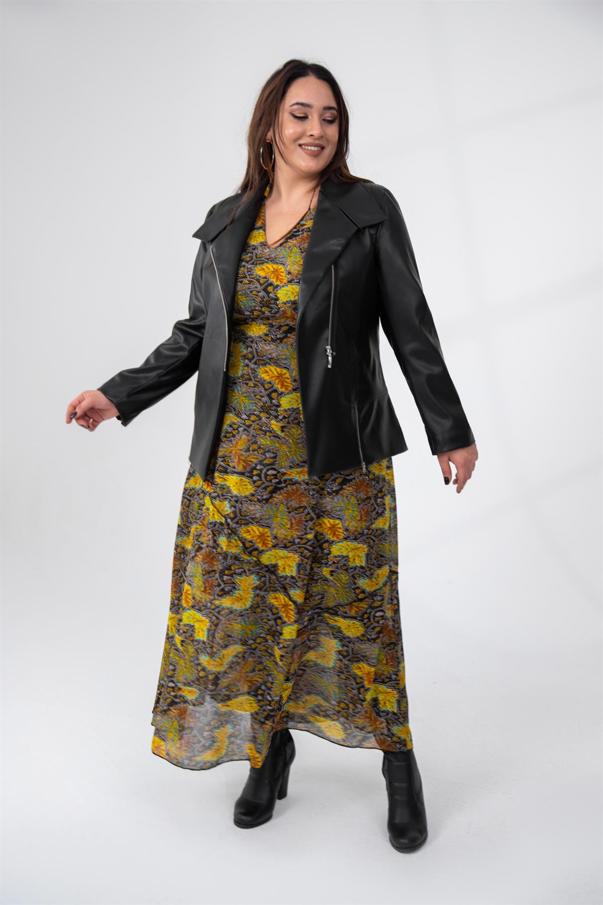 Büyük Beden 122296 Ester Fermuarlı Deri Ceket  Siyah