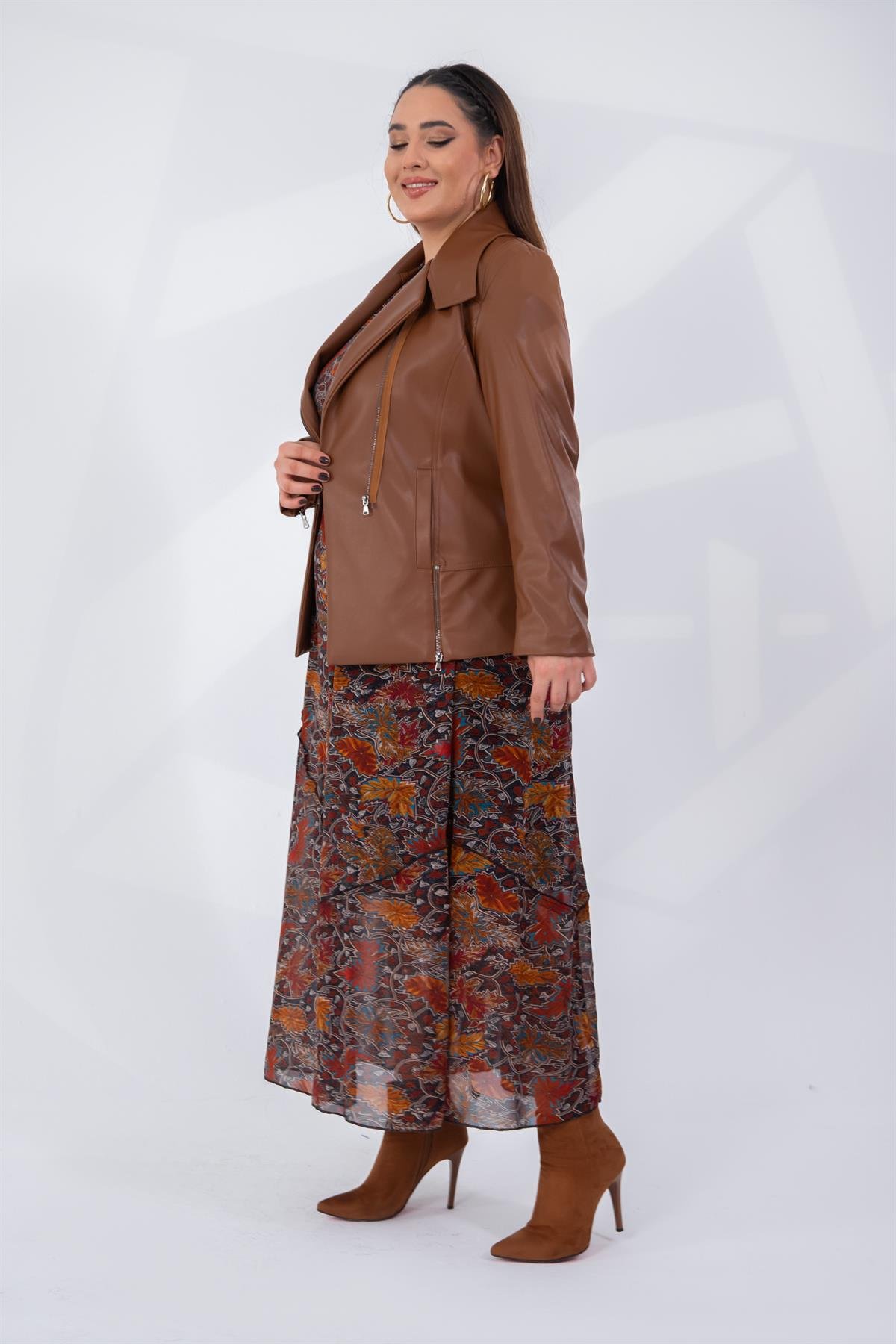 Büyük Beden 122296 Ester Fermuarlı Deri Ceket  Taba