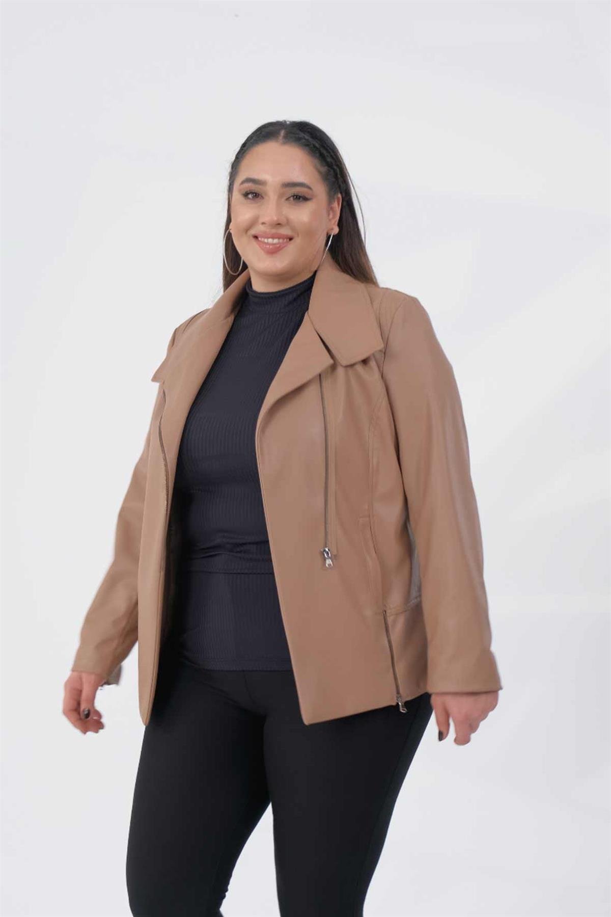 Büyük Beden 122296 Ester Fermuarlı Deri Ceket   Koyu Bej 