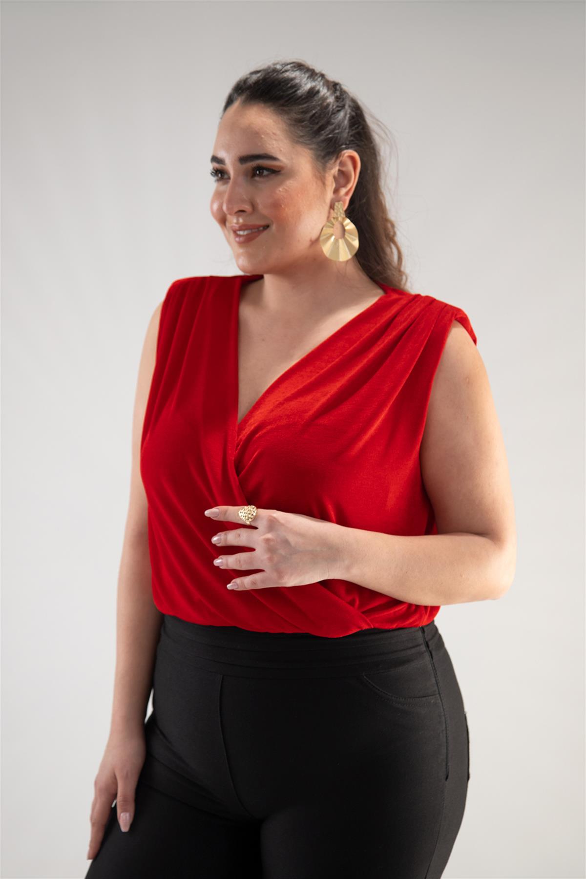 Büyük Beden 122317 Kruvaze Yaka Bluz  Kırmızı