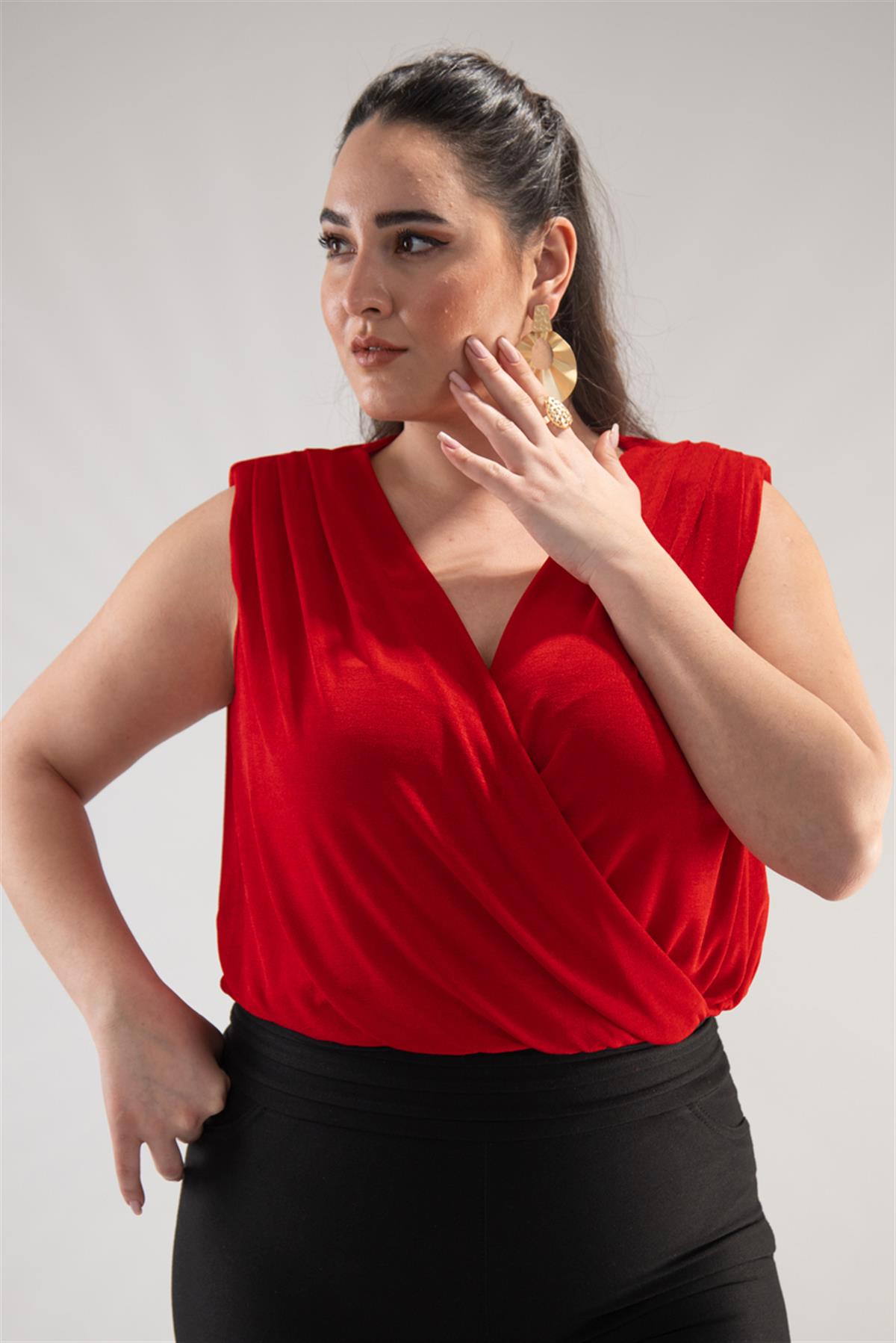 Büyük Beden 122317 Kruvaze Yaka Bluz  Kırmızı