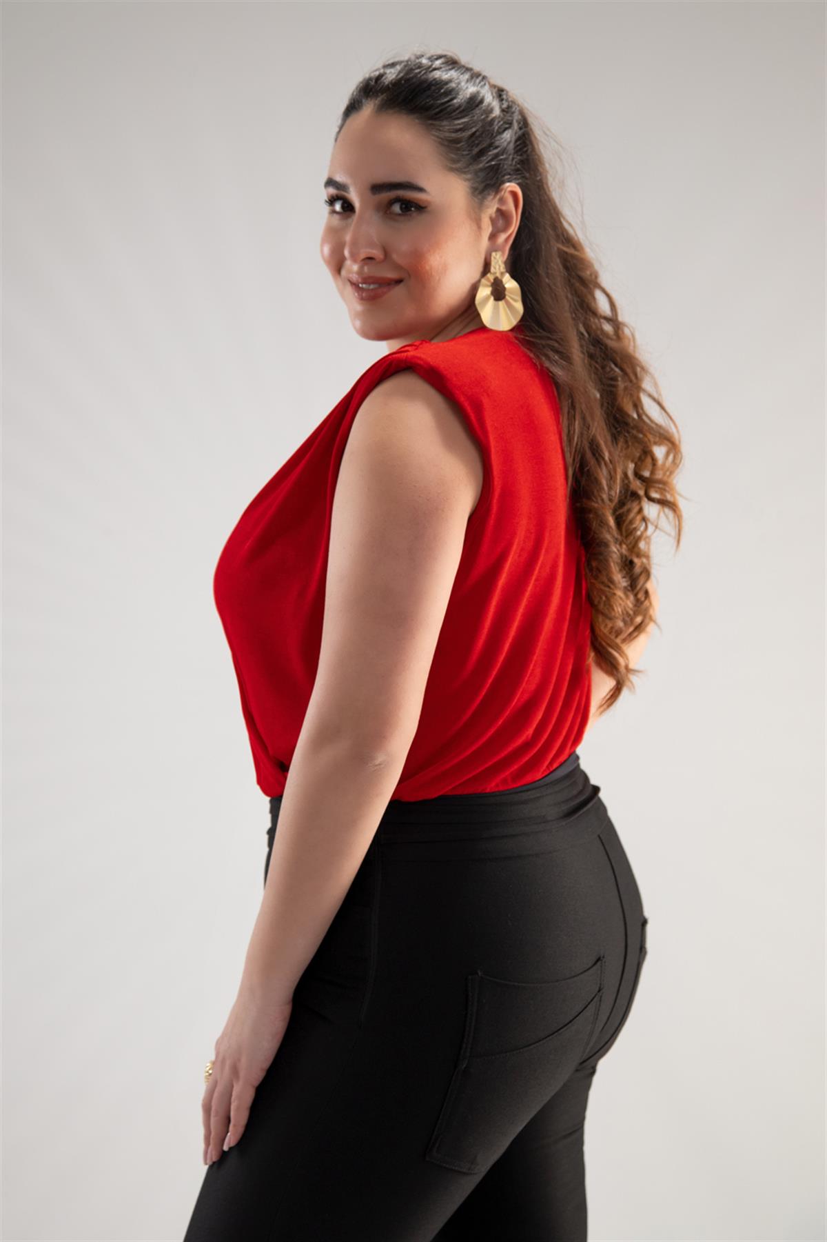 Büyük Beden 122317 Kruvaze Yaka Bluz  Kırmızı