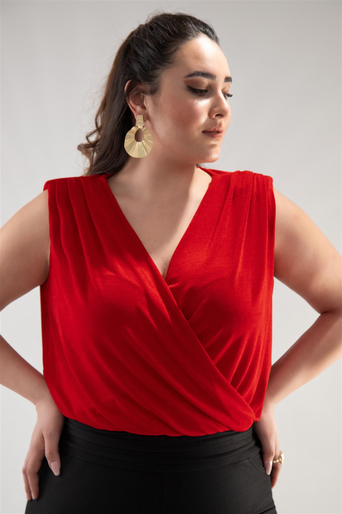 Büyük Beden 122317 Kruvaze Yaka Bluz  Kırmızı