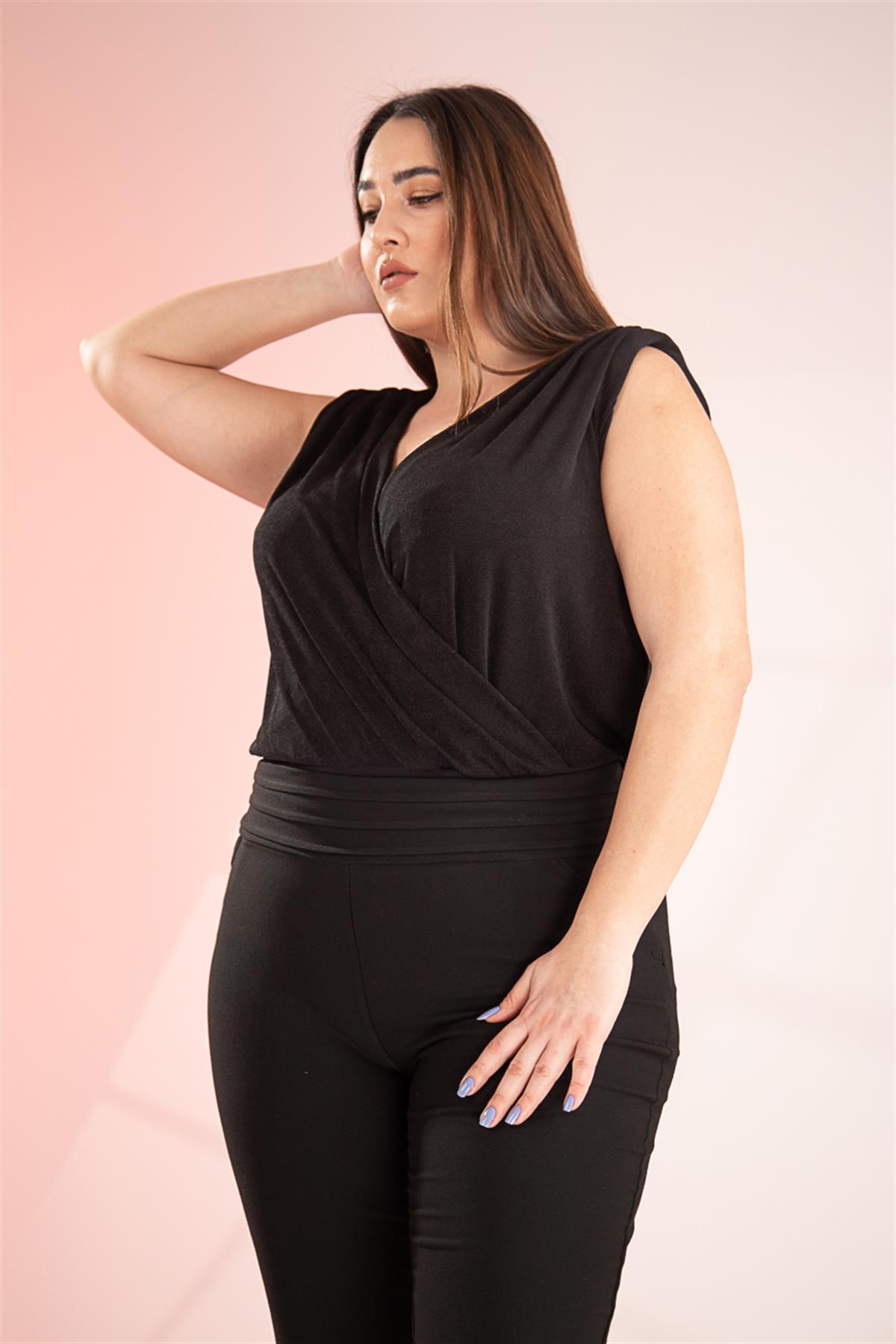 Büyük Beden 122317 Kruvaze Yaka Bluz  Siyah