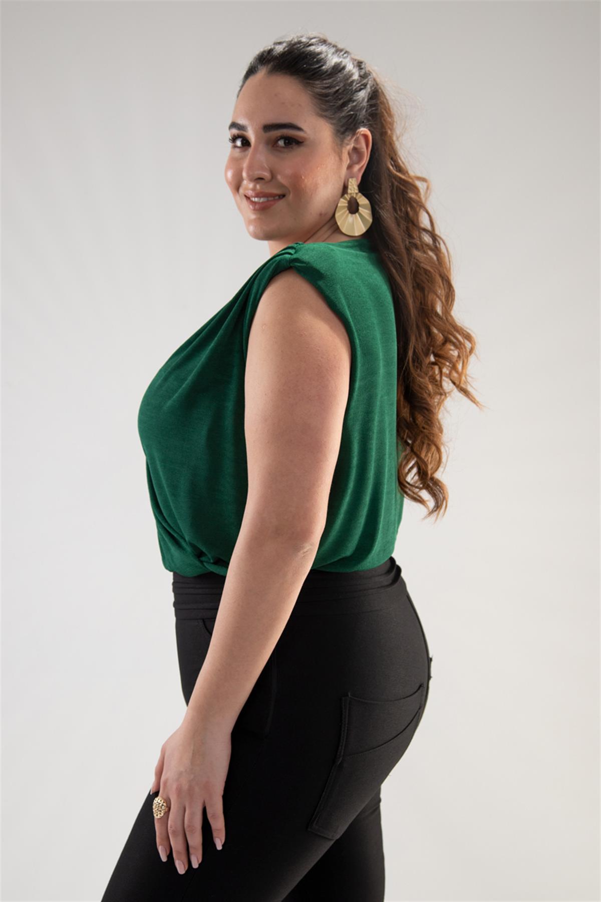 Büyük Beden 122317 Kruvaze Yaka Bluz  Yeşil