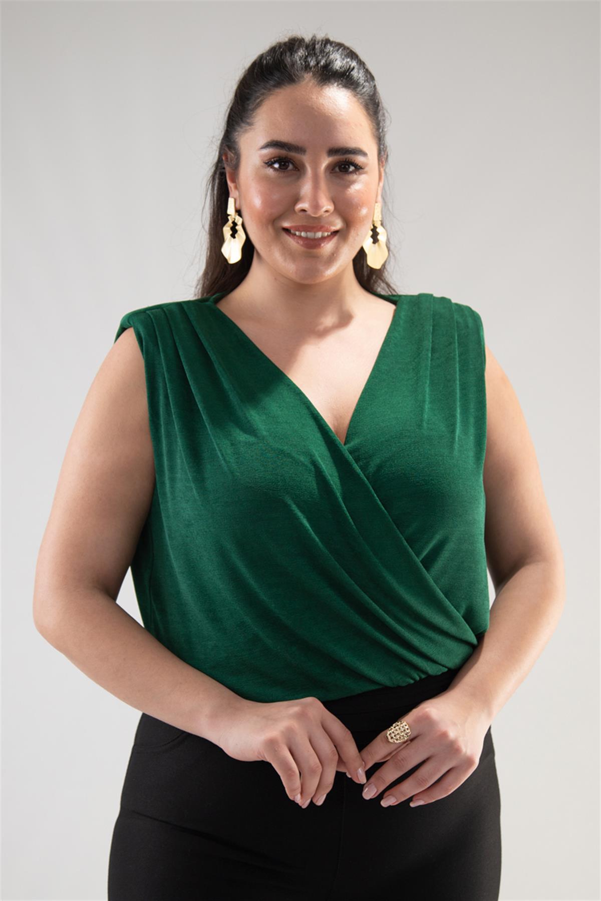 Büyük Beden 122317 Kruvaze Yaka Bluz  Yeşil