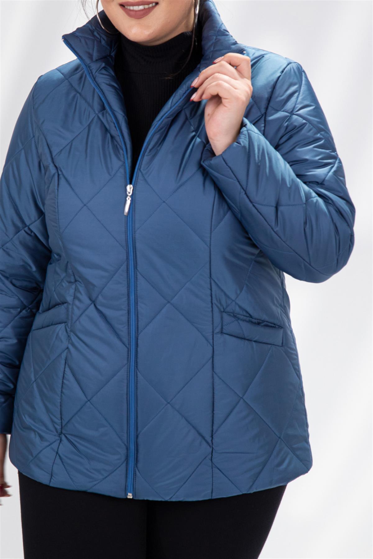 Büyük Beden 132058 Kapitone Kısa Mont  İndigo