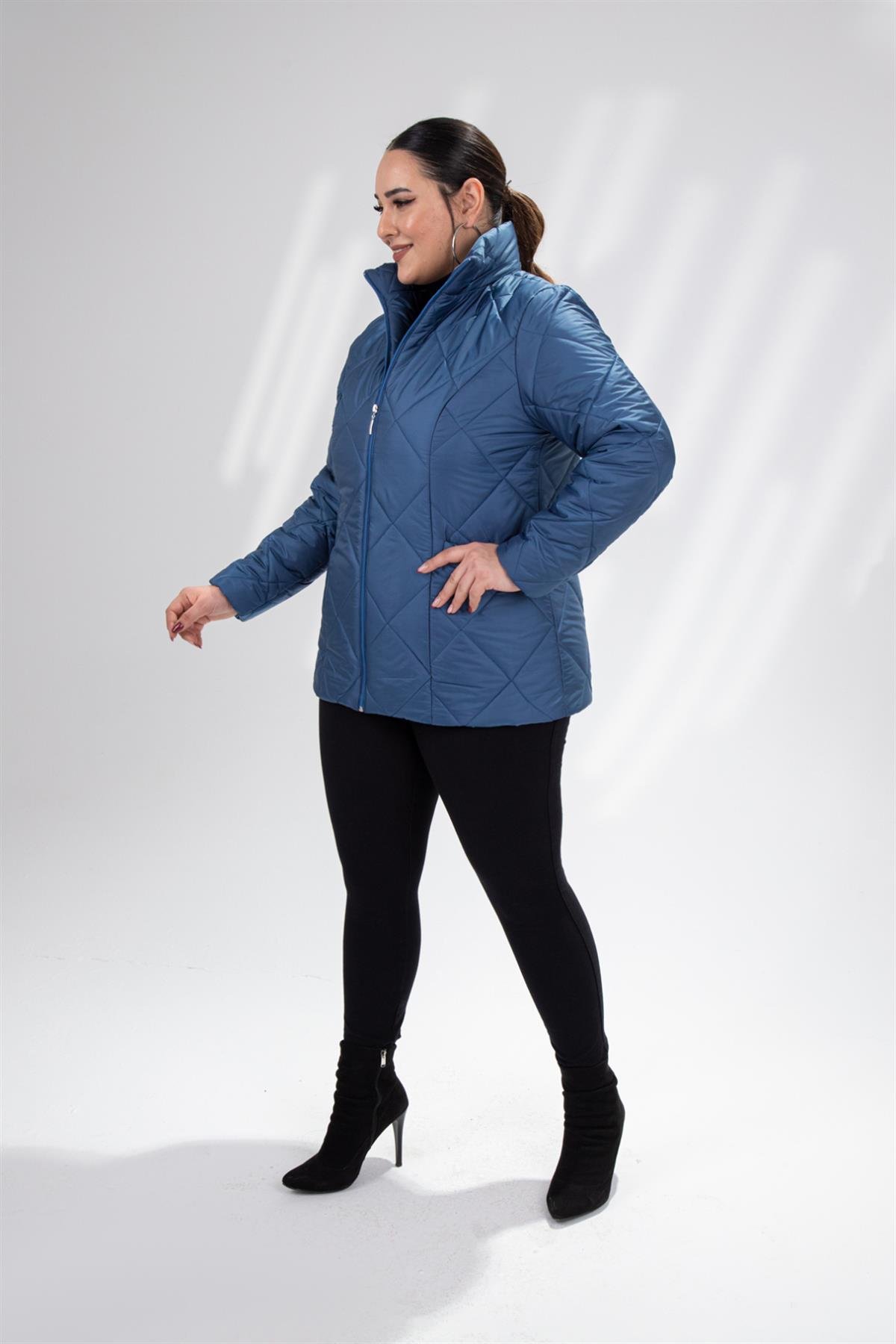 Büyük Beden 132058 Kapitone Kısa Mont  İndigo