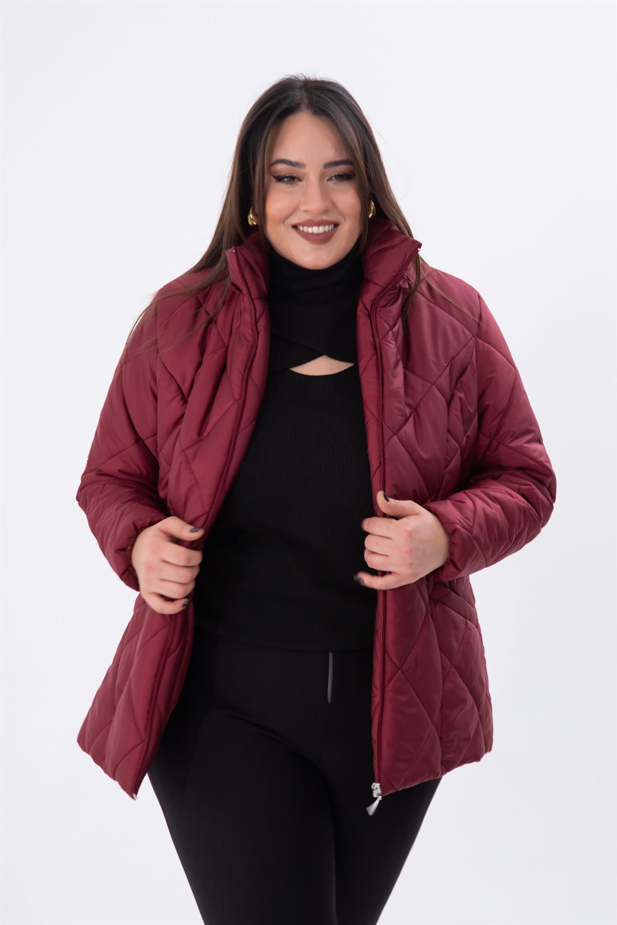 Büyük Beden 132058 Kapitone Kısa Mont  Bordo