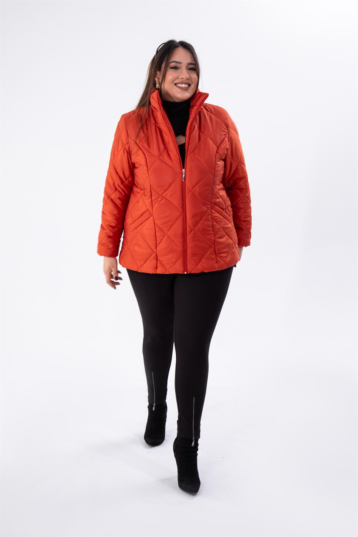 Büyük Beden 132058 Kapitone Kısa Mont  Kiremit