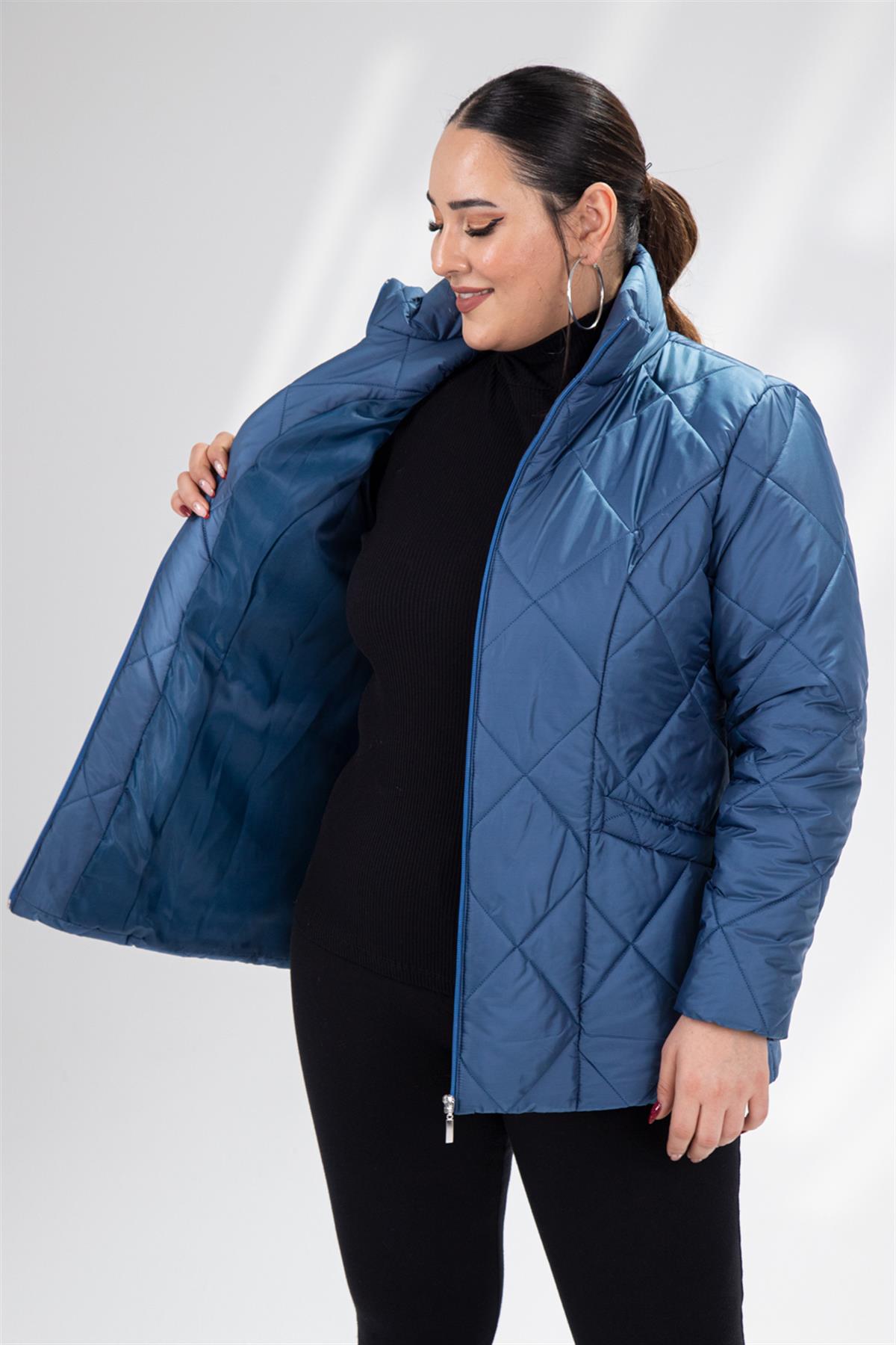 Büyük Beden 132058 Kapitone Kısa Mont  İndigo