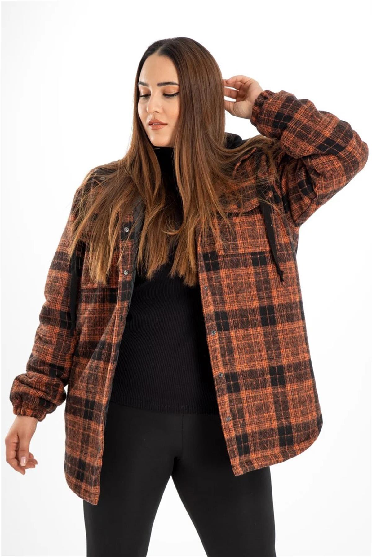 Büyük Beden 132288  Kapüşonlu Ekose Kaban  Kiremit