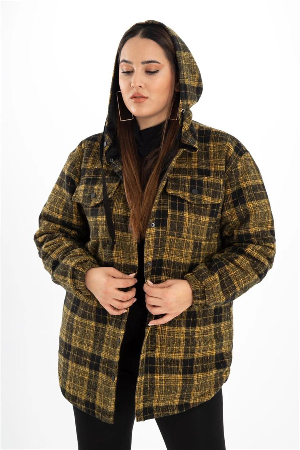 Büyük Beden 132288  Kapüşonlu Ekose Kaban  Sarı