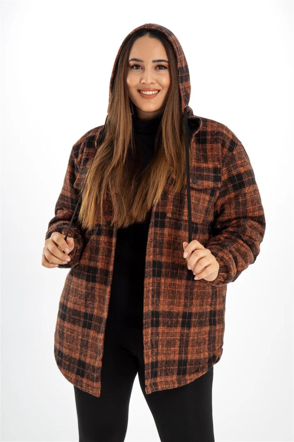 Büyük Beden 132288  Kapüşonlu Ekose Kaban  Kiremit