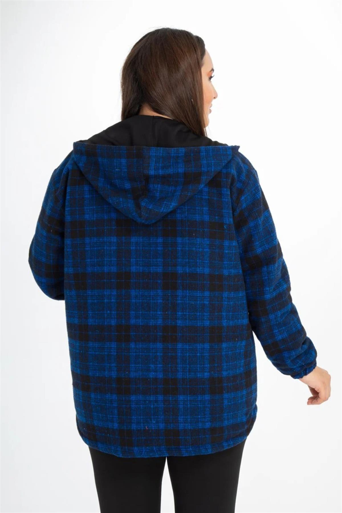 Büyük Beden 132288  Kapüşonlu Ekose Kaban  Saks