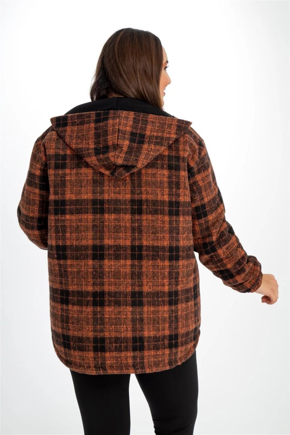 Büyük Beden 132288  Kapüşonlu Ekose Kaban  Kiremit