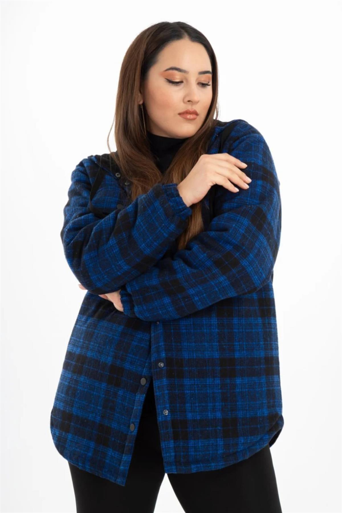 Büyük Beden 132288  Kapüşonlu Ekose Kaban  Saks