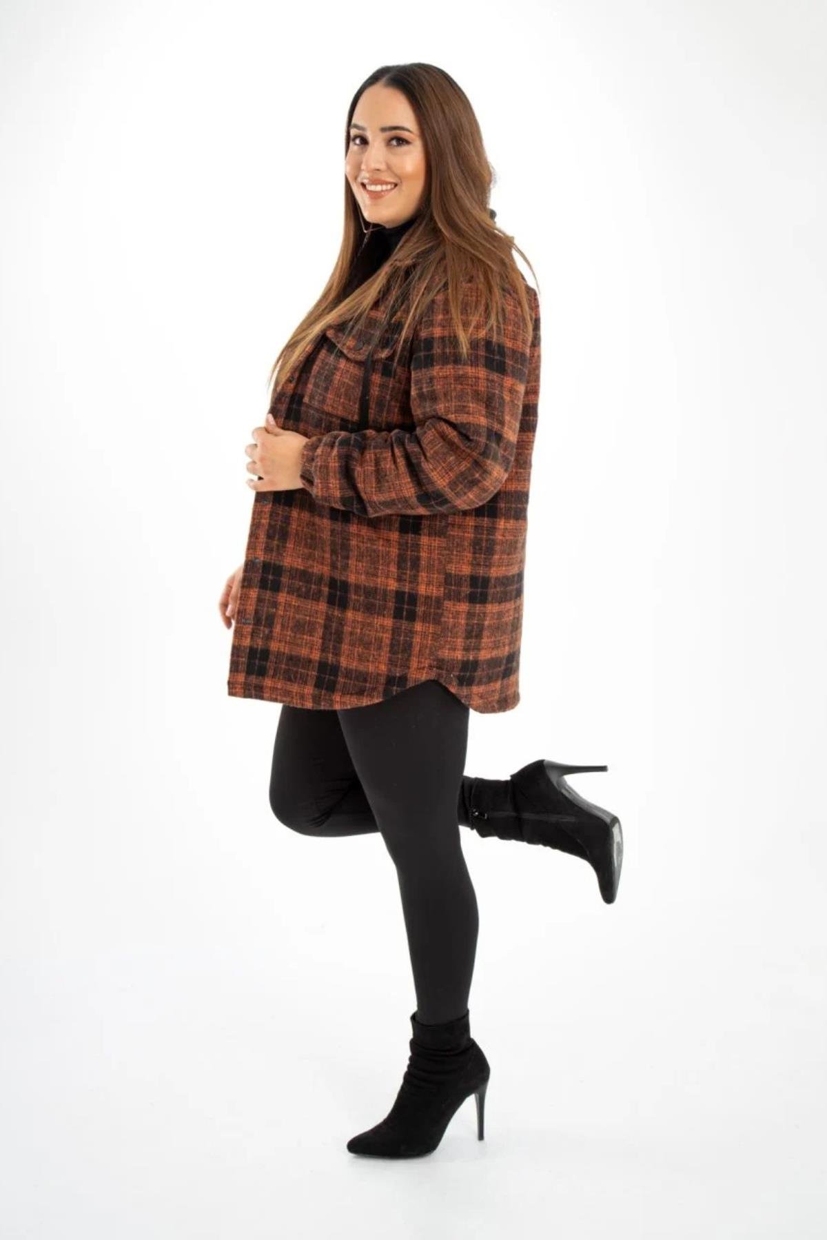 Büyük Beden 132288  Kapüşonlu Ekose Kaban  Kiremit