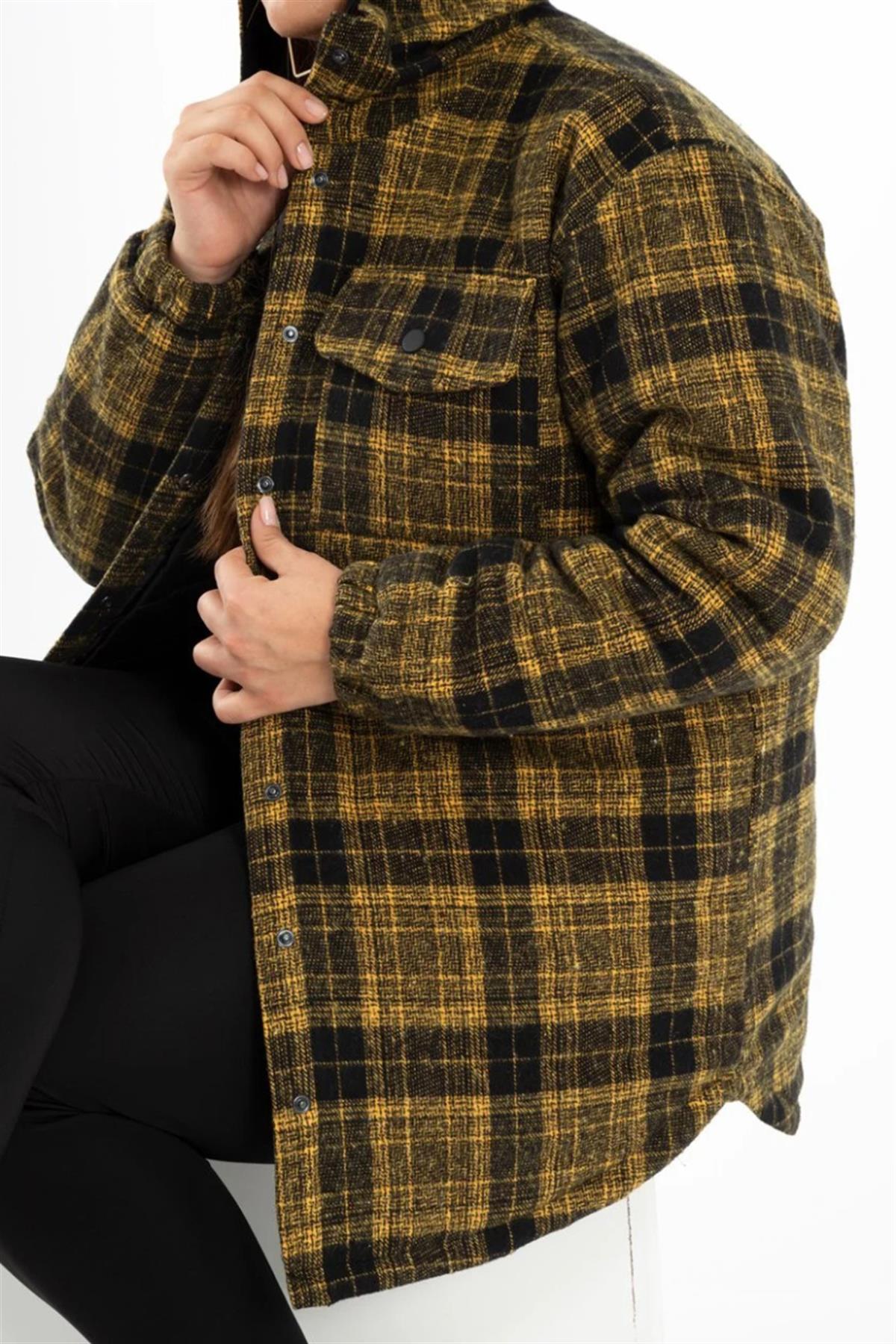 Büyük Beden 132288  Kapüşonlu Ekose Kaban  Sarı