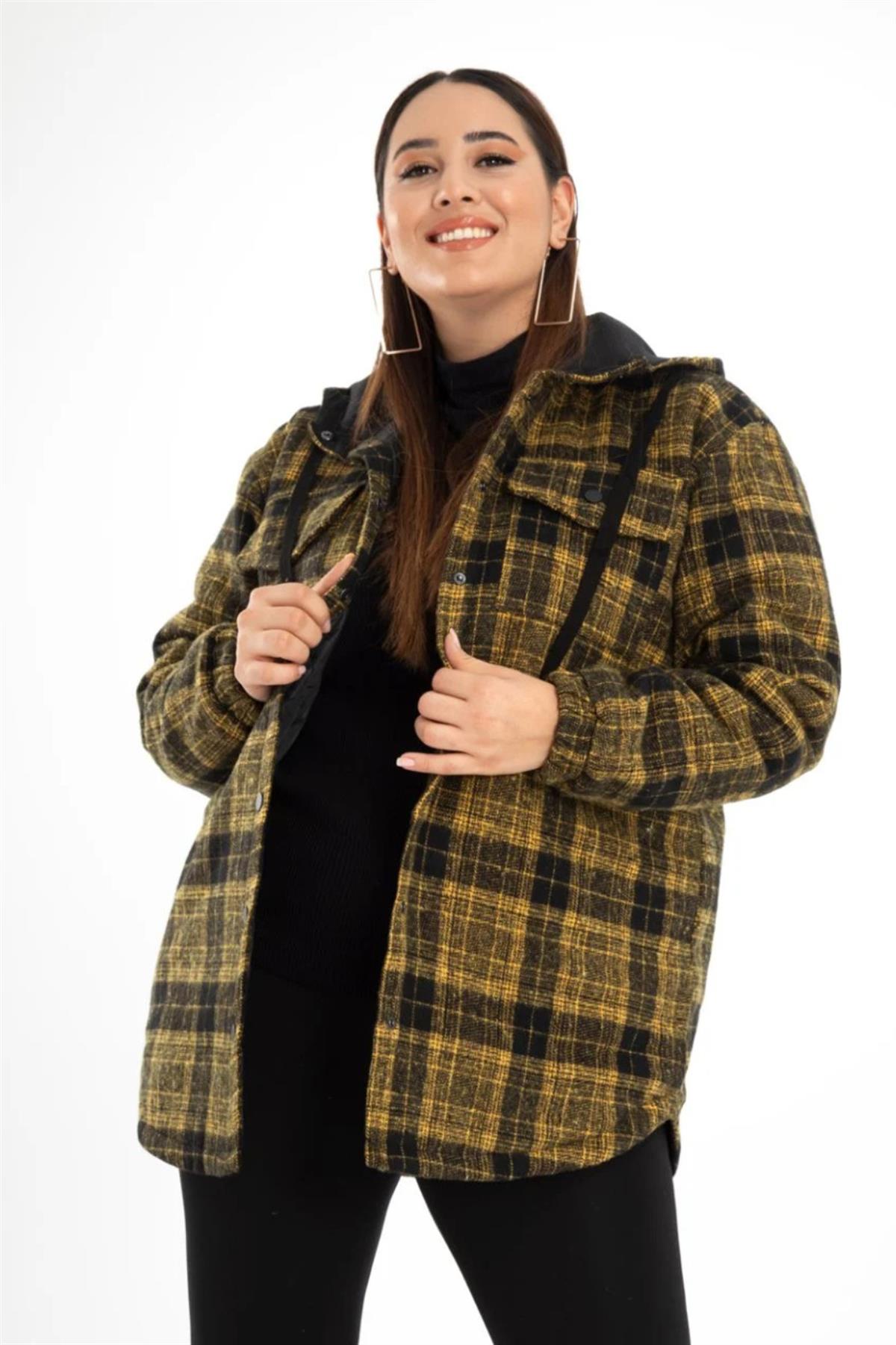 Büyük Beden 132288  Kapüşonlu Ekose Kaban  Sarı