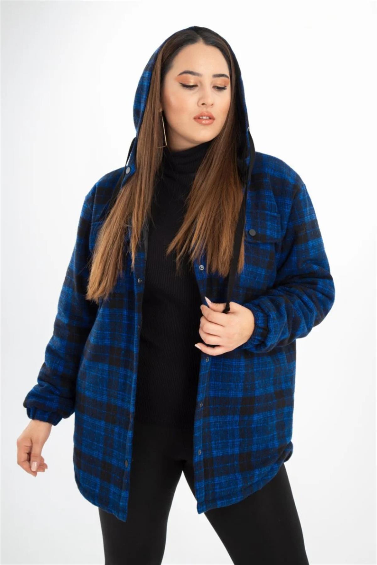 Büyük Beden 132288  Kapüşonlu Ekose Kaban  Saks