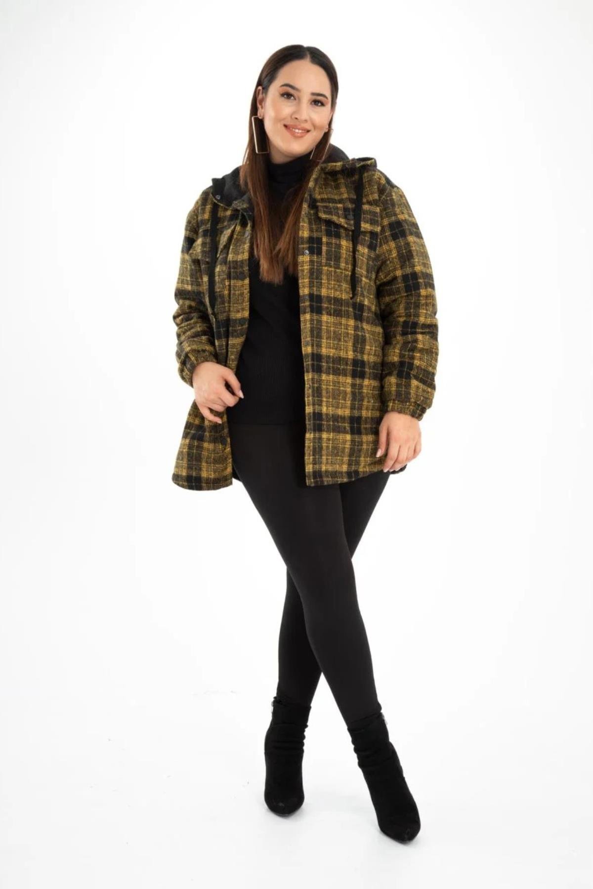 Büyük Beden 132288  Kapüşonlu Ekose Kaban  Sarı