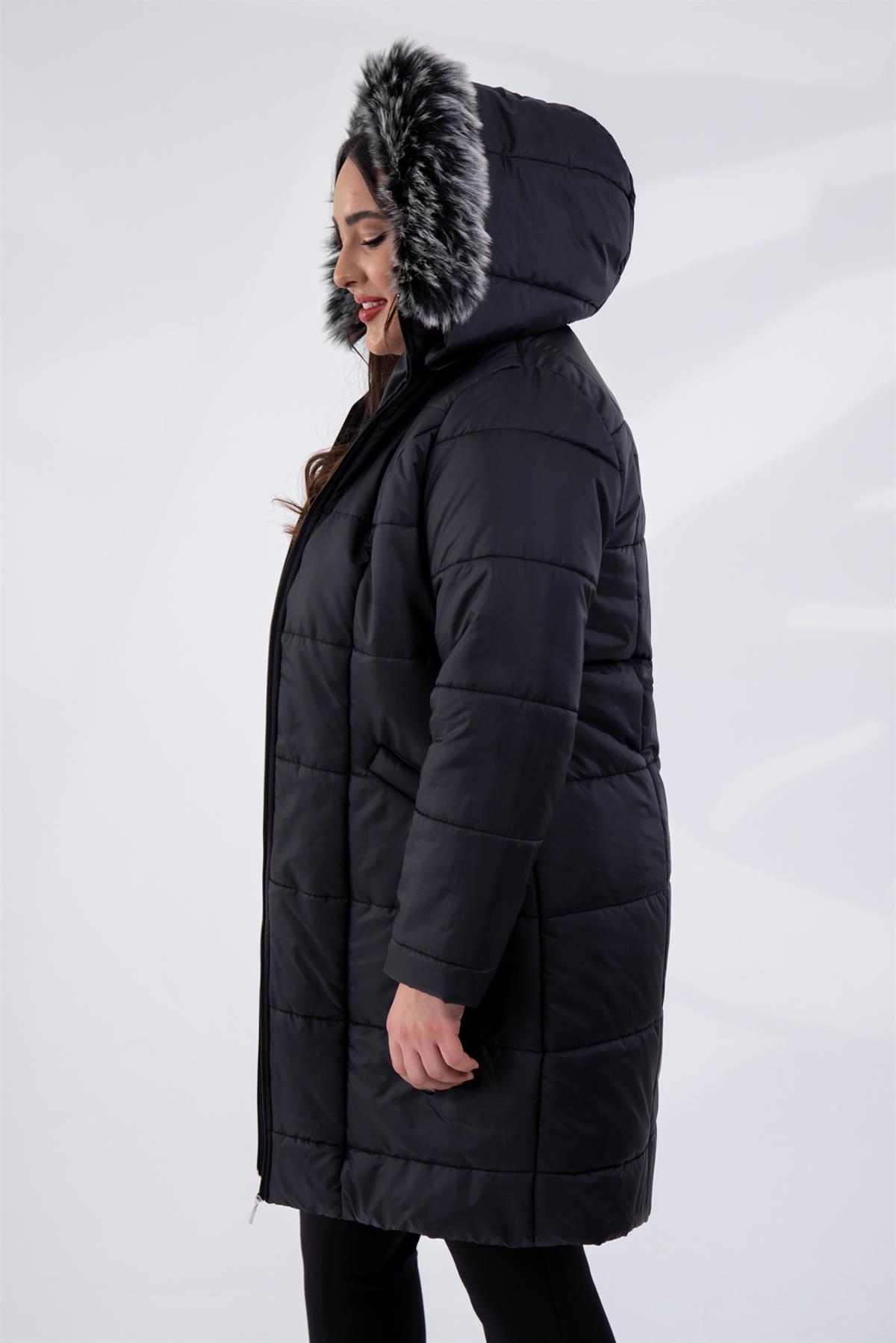 Büyük Beden 132334 Şapkası  Kürklü Mont  Siyah