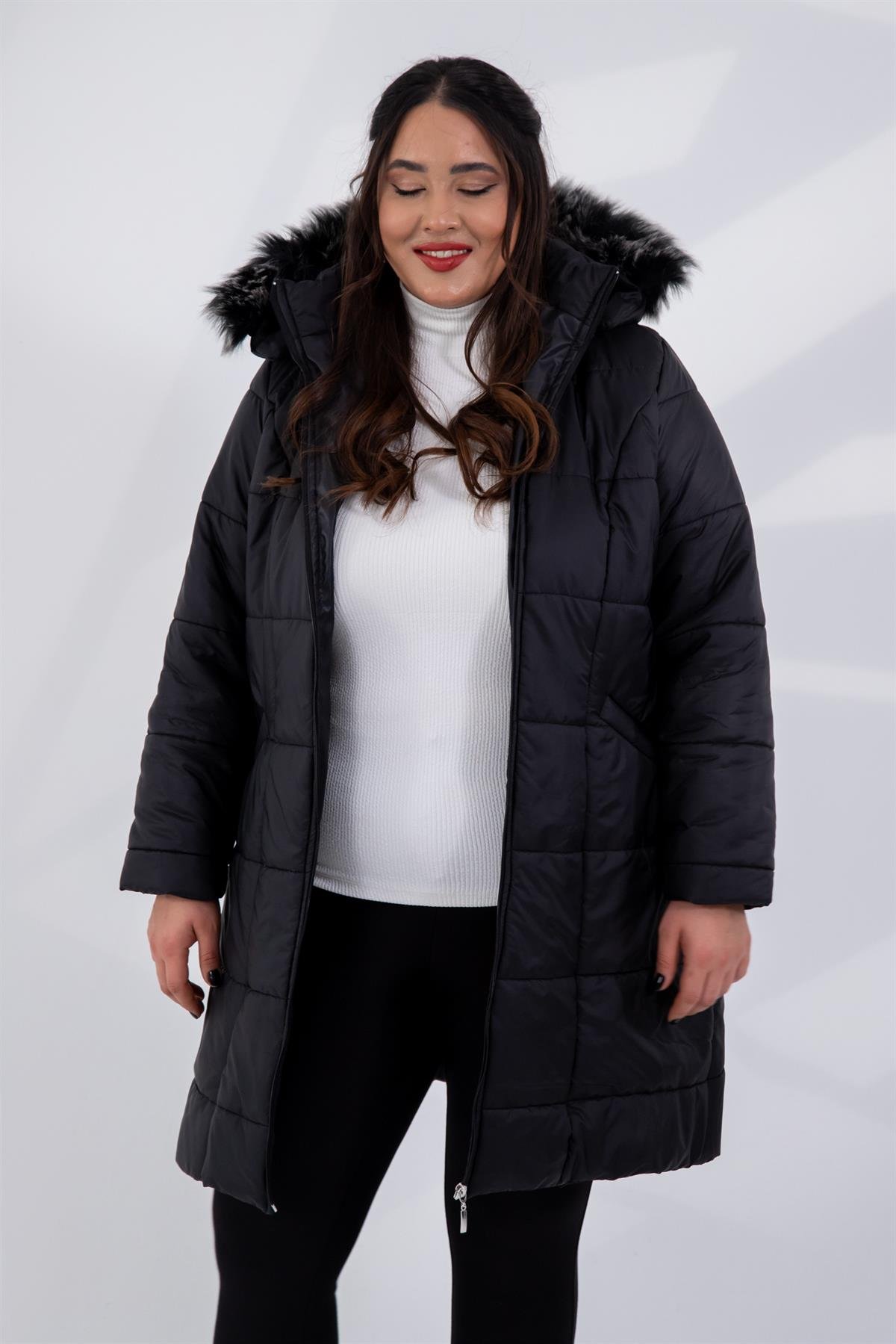 Büyük Beden 132334 Şapkası  Kürklü Mont  Siyah