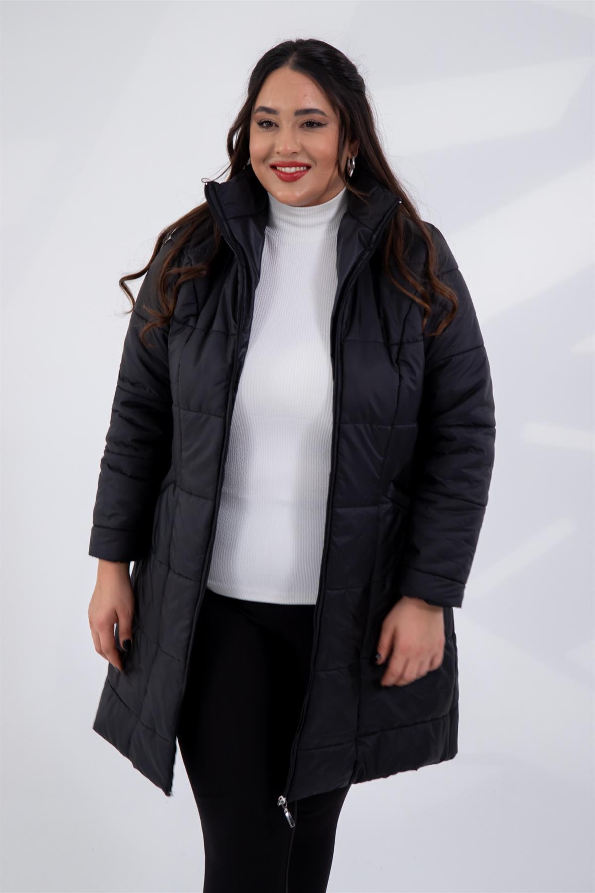 Büyük Beden 132334 Şapkası  Kürklü Mont  Siyah