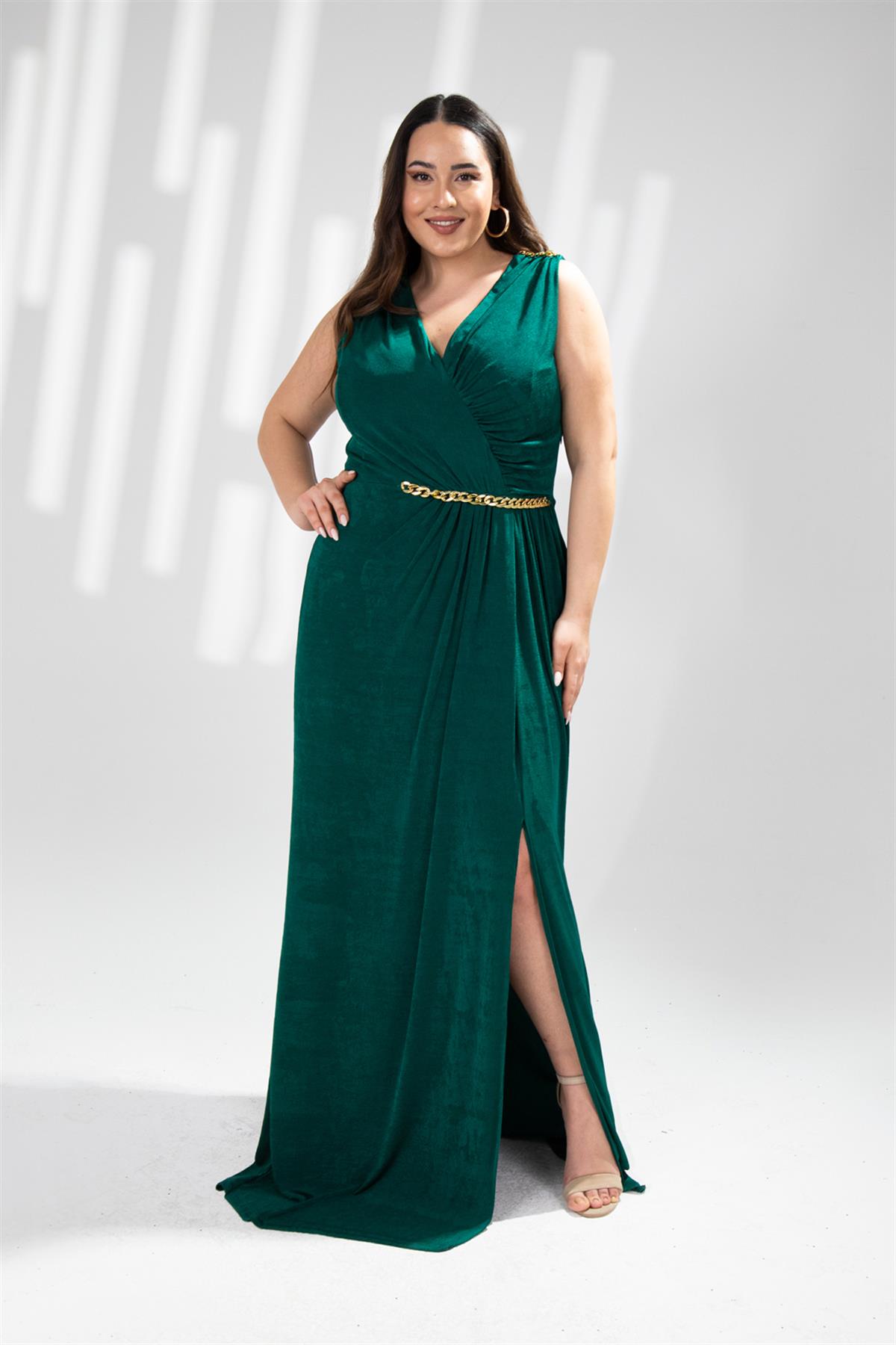 Büyük Beden 142006 Zincir Detaylı Abiye  Yeşil