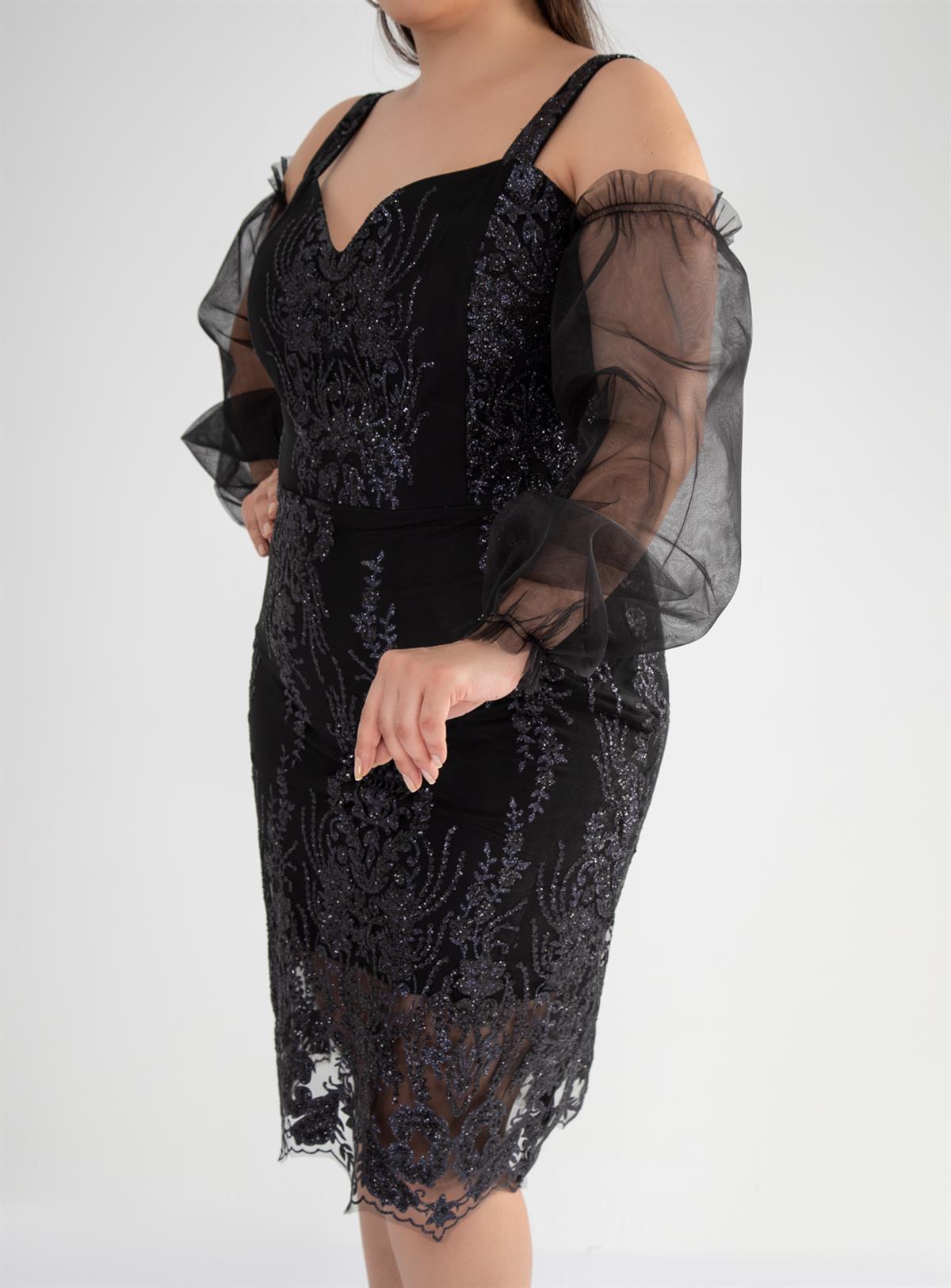 Büyük Beden 142010 Askılı Taşlı  Abiye  Siyah