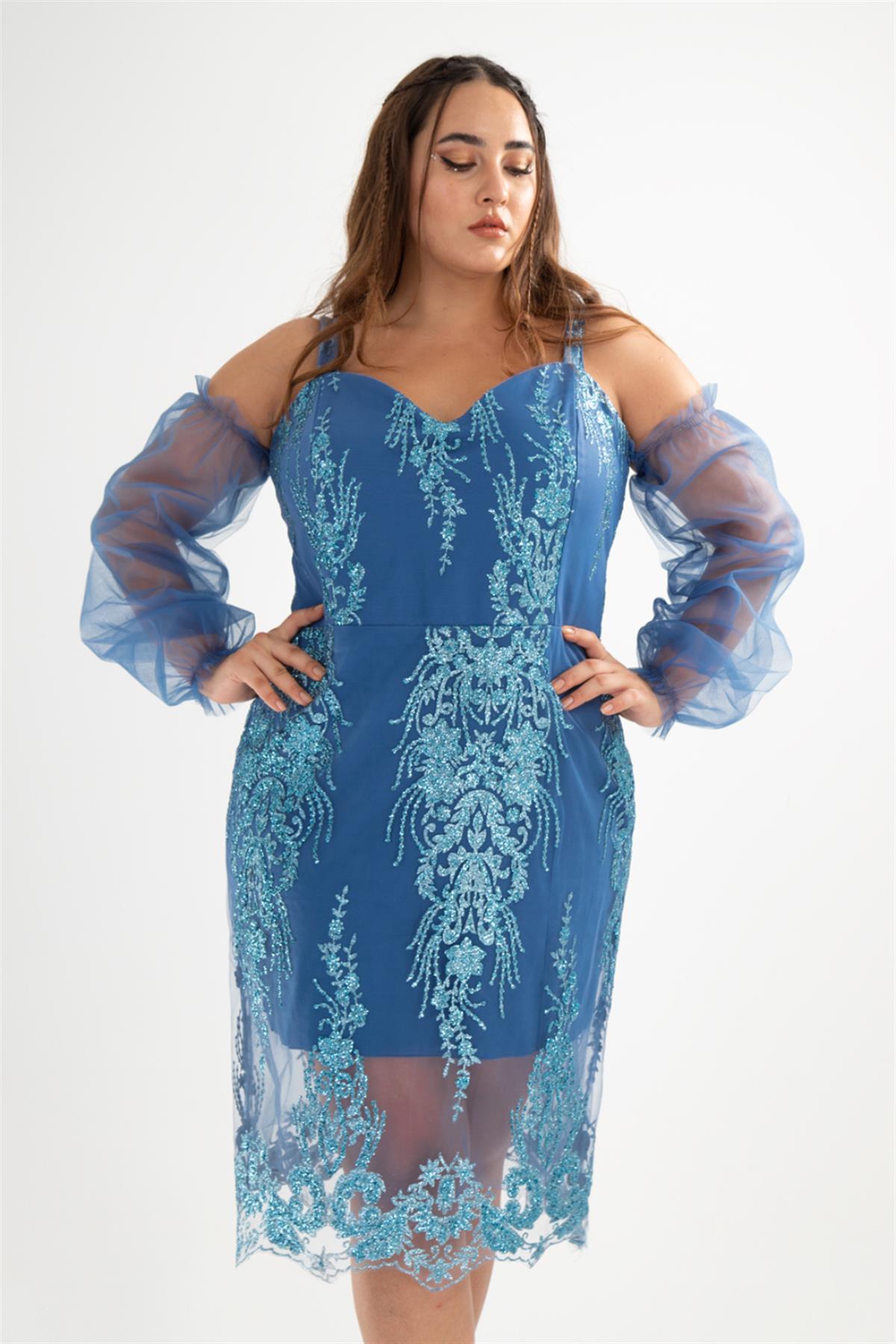 Büyük Beden 142010 Askılı Taşlı  Abiye  Mavi