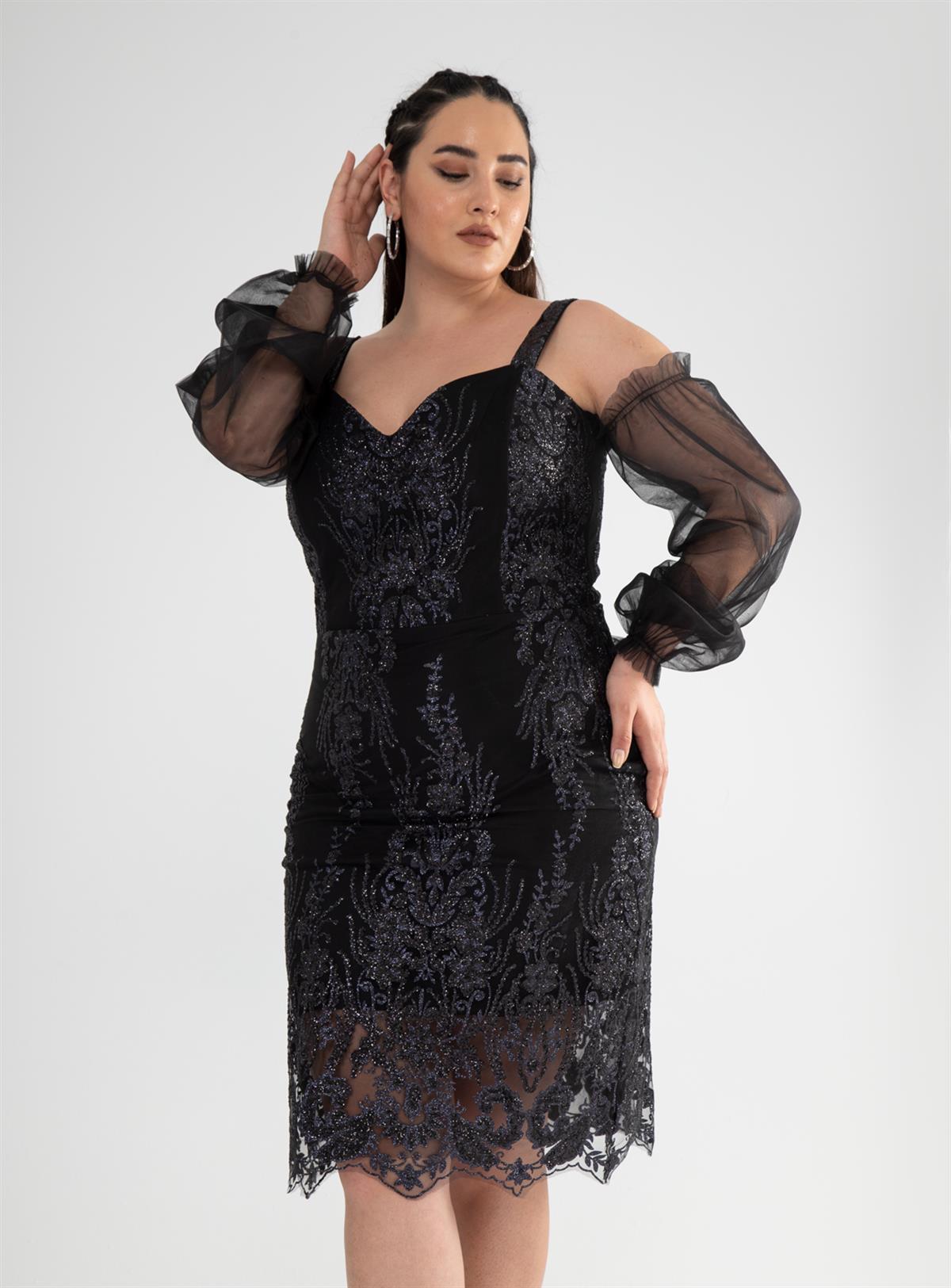 Büyük Beden 142010 Askılı Taşlı  Abiye  Siyah