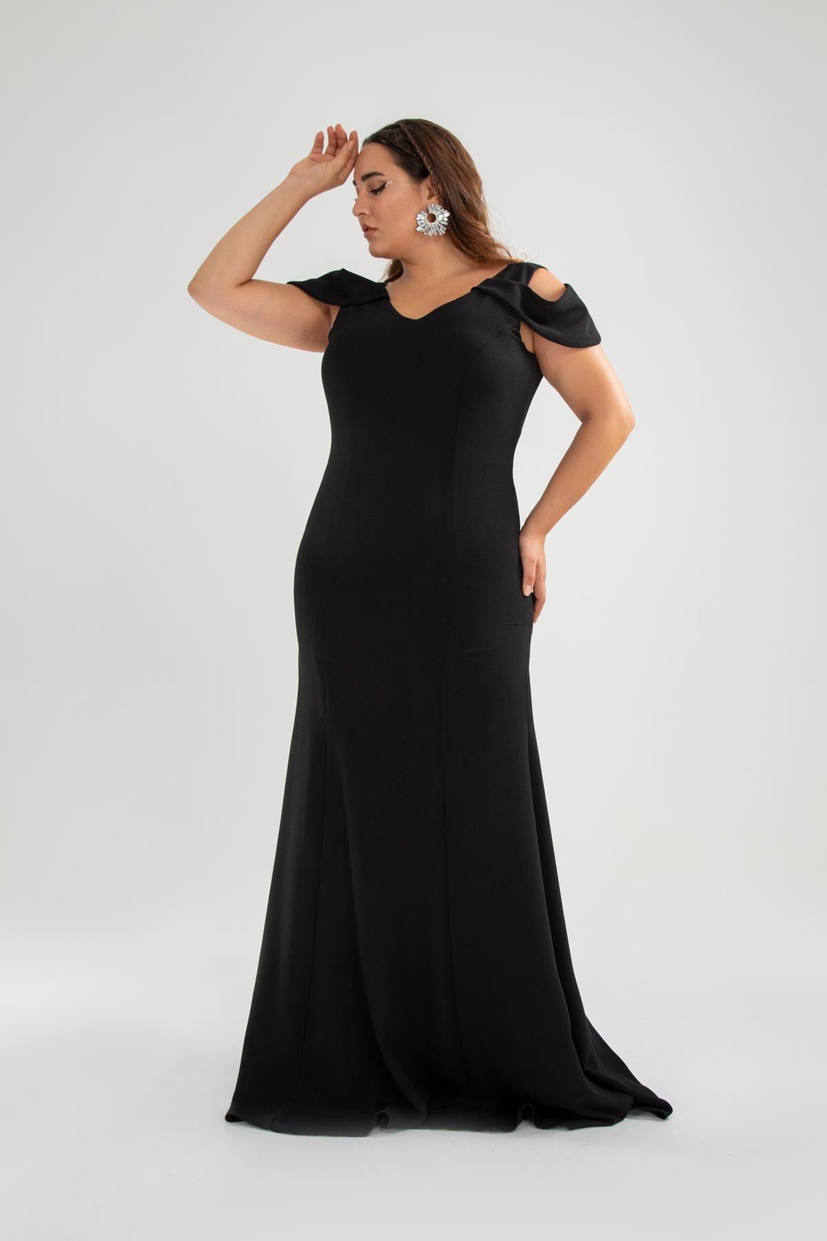 Büyük Beden 142011 Askılı Düşük Omuz Abiye Siyah