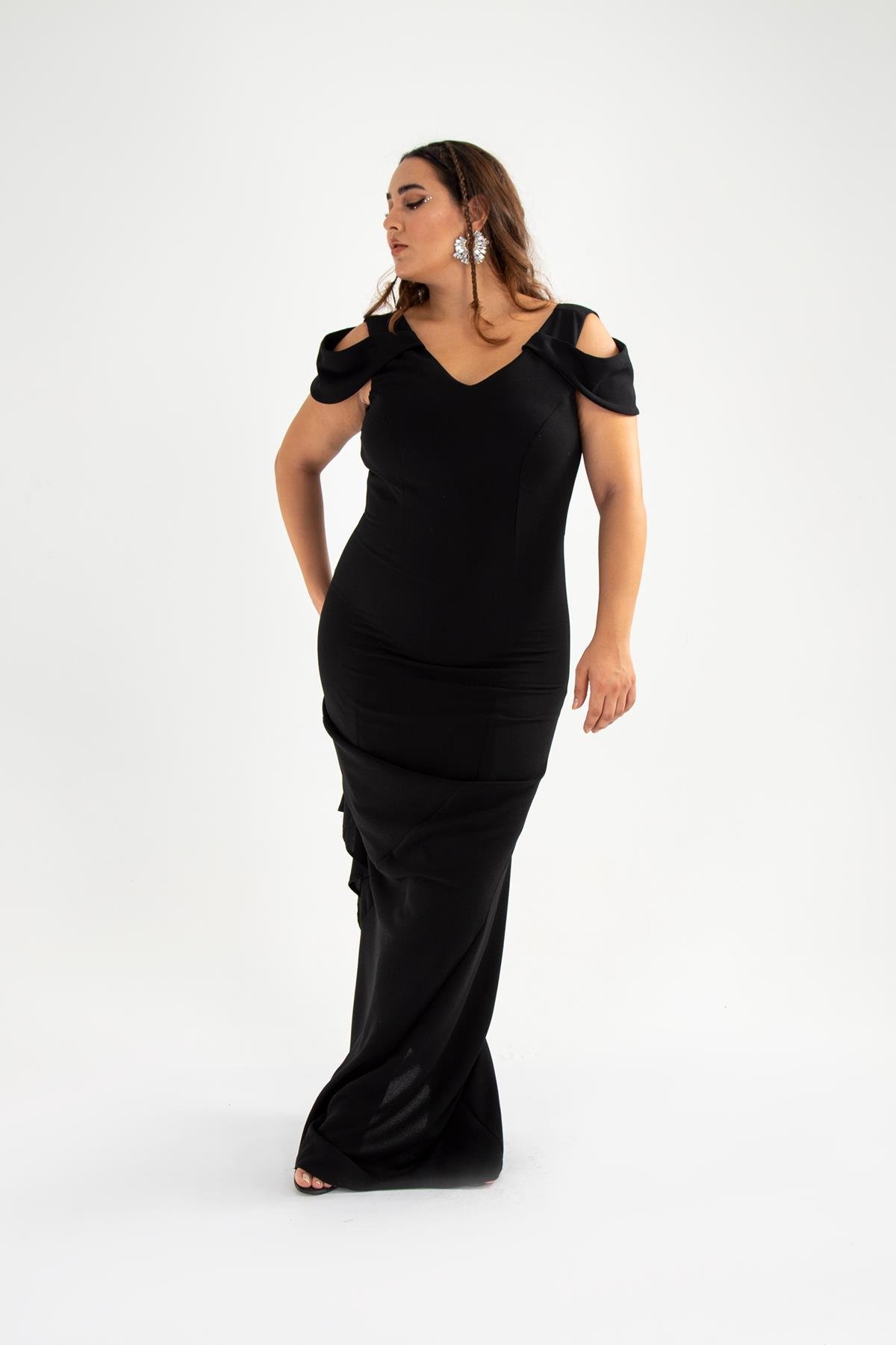 Büyük Beden 142011 Askılı Düşük Omuz Abiye Siyah