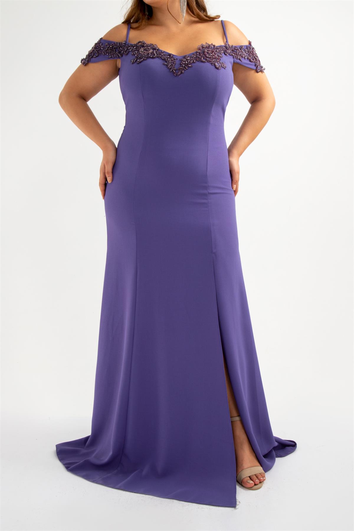 Büyük Beden 142012 Yaka İşlemeli Abiye  Lila