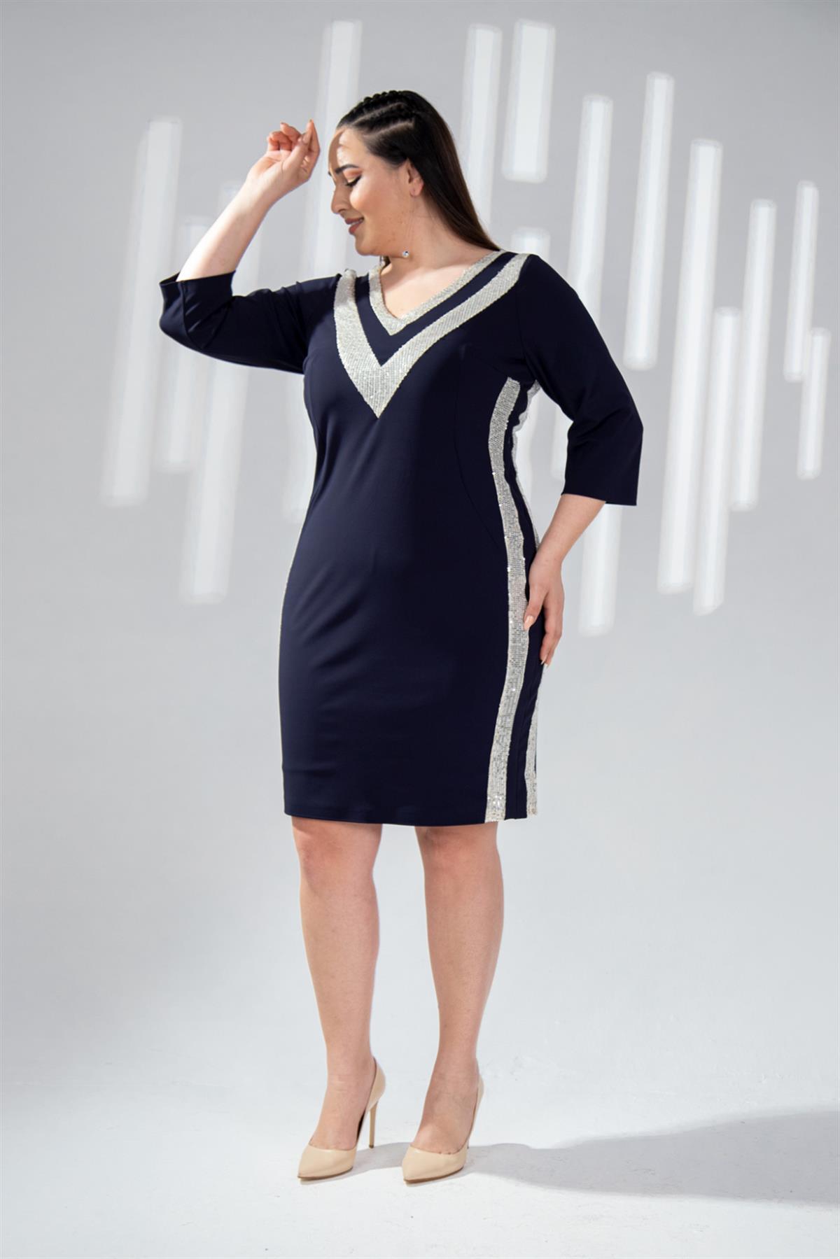 Büyük Beden 142013 Pul Payetli Abiye  Lacivert