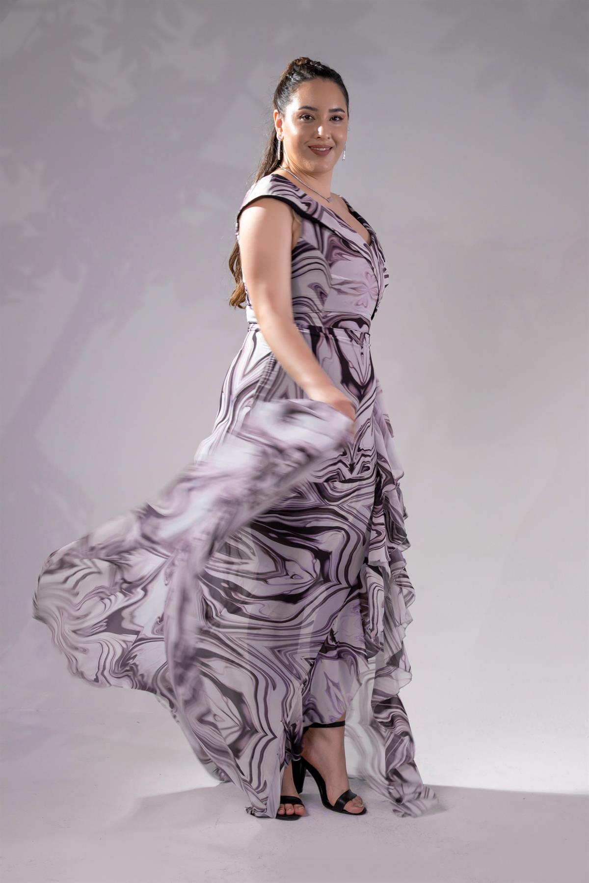 Büyük Beden 142015 Desenli Şifon Abiye Pembe