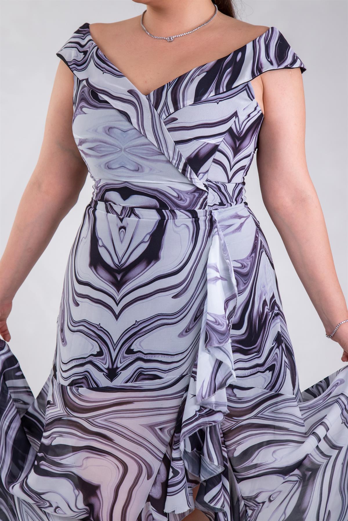 Büyük Beden 142015 Desenli Şifon Abiye Ekru