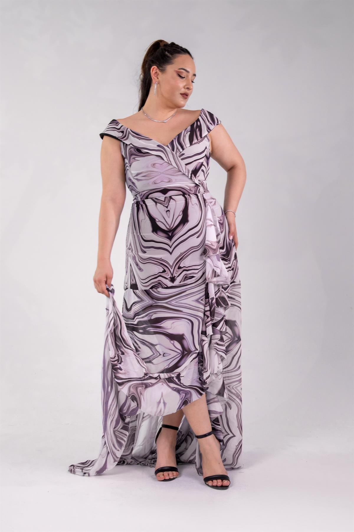 Büyük Beden 142015 Desenli Şifon Abiye Pembe