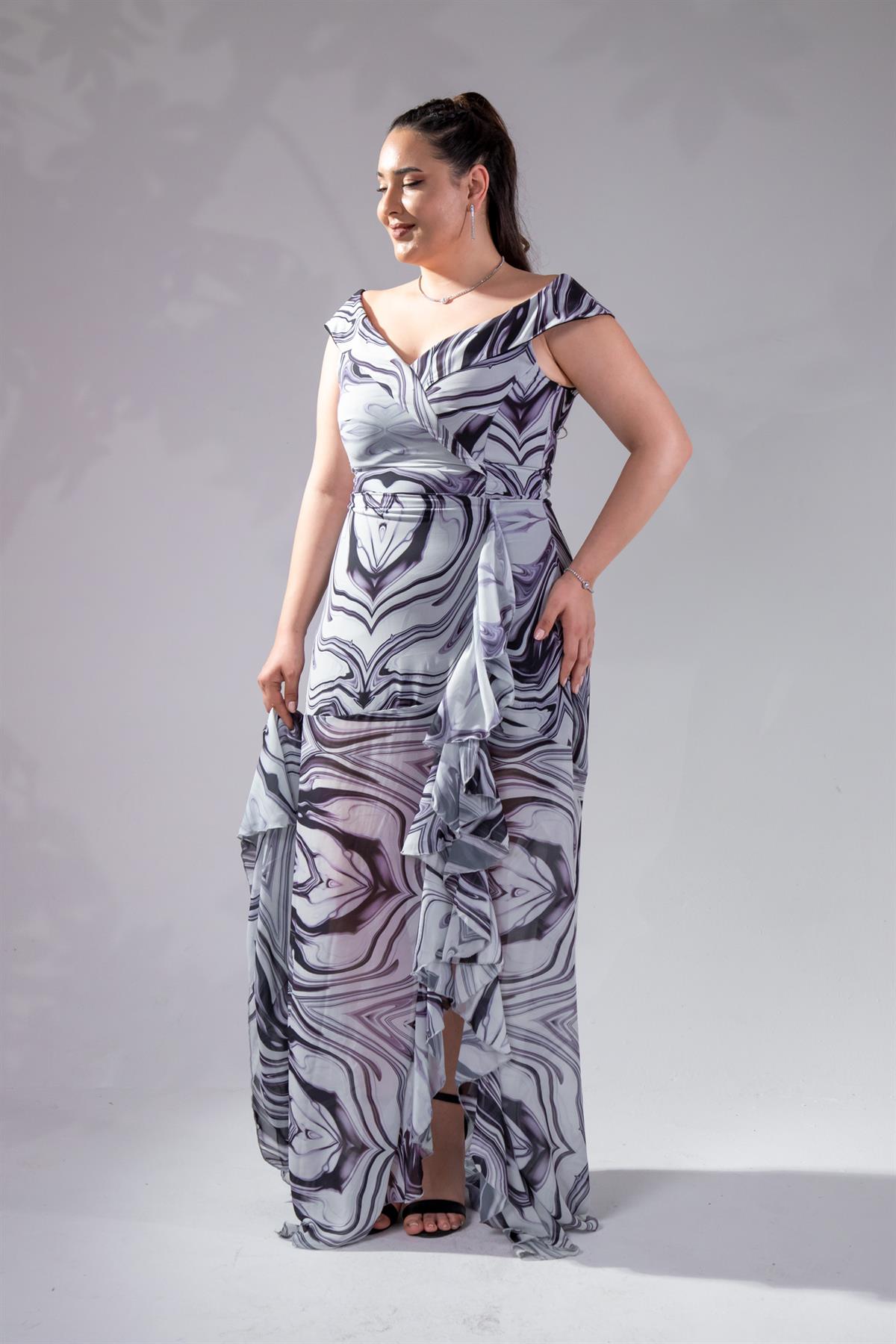 Büyük Beden 142015 Desenli Şifon Abiye Ekru