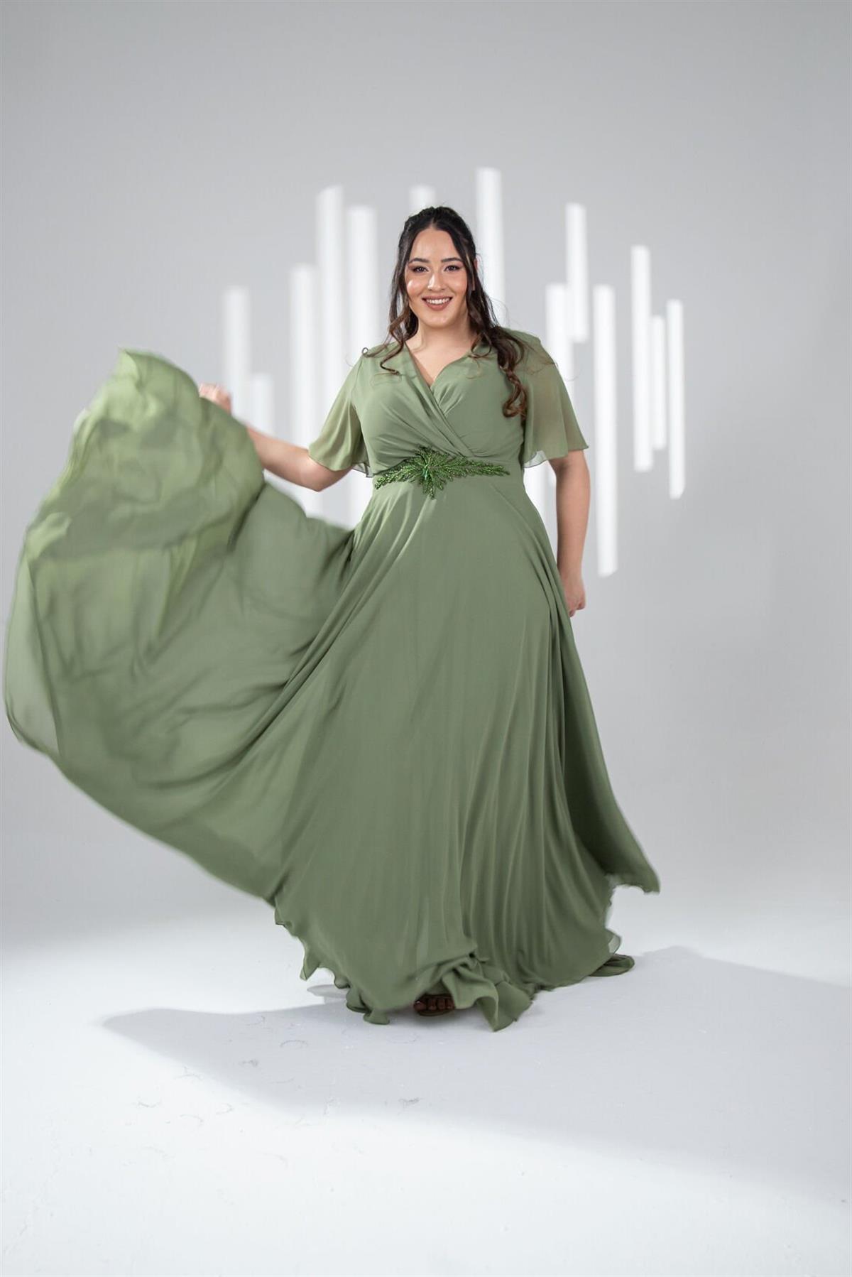 Büyük Beden 142018 Beli Aplik İşleme Abiye  Haki